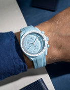 Turquoise Curved Vertech rubber strap for MoonSwatch Mission to Uranus – wrist shot