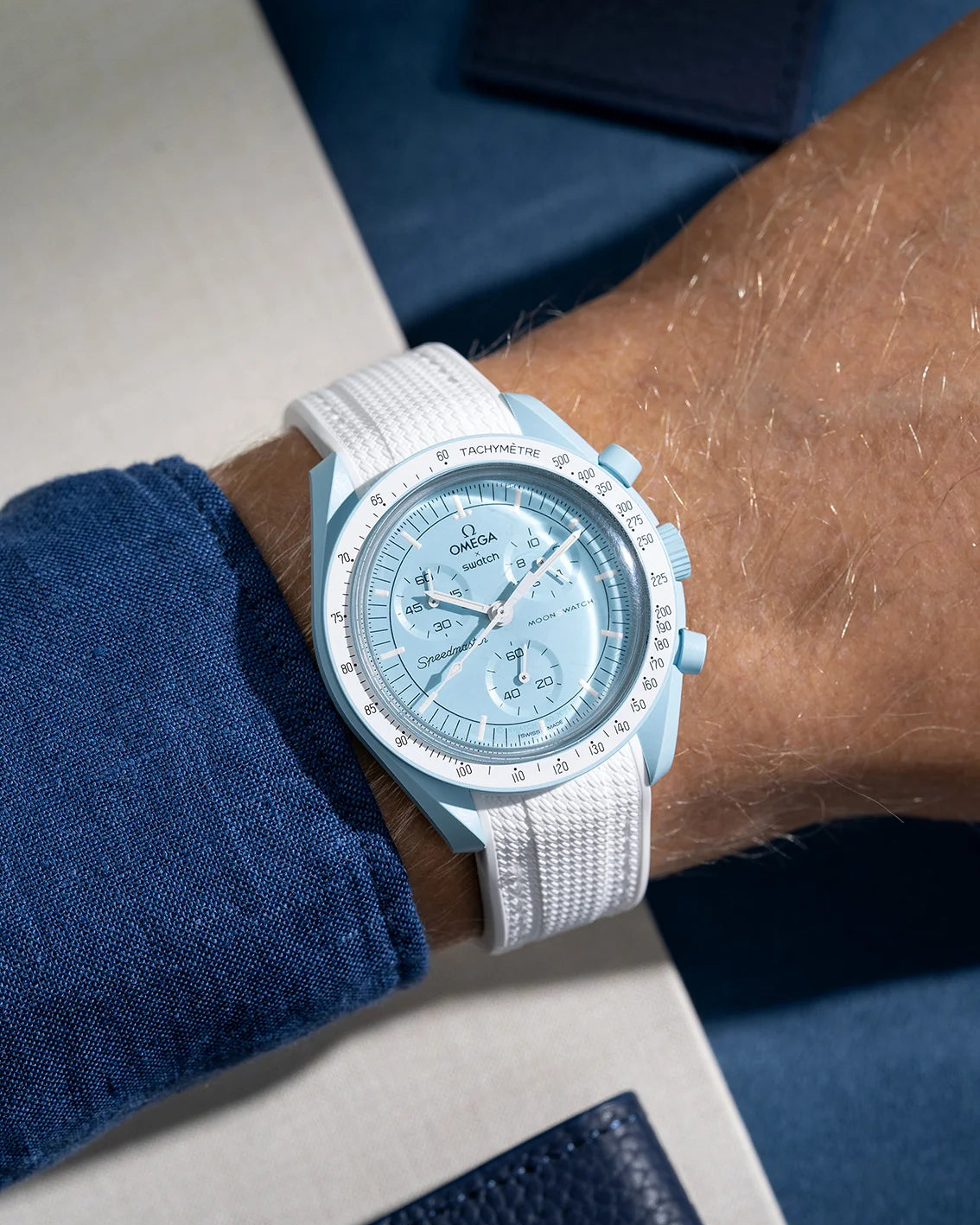 White rubber strap for MoonSwatch Mission to Uranus- wrist shot