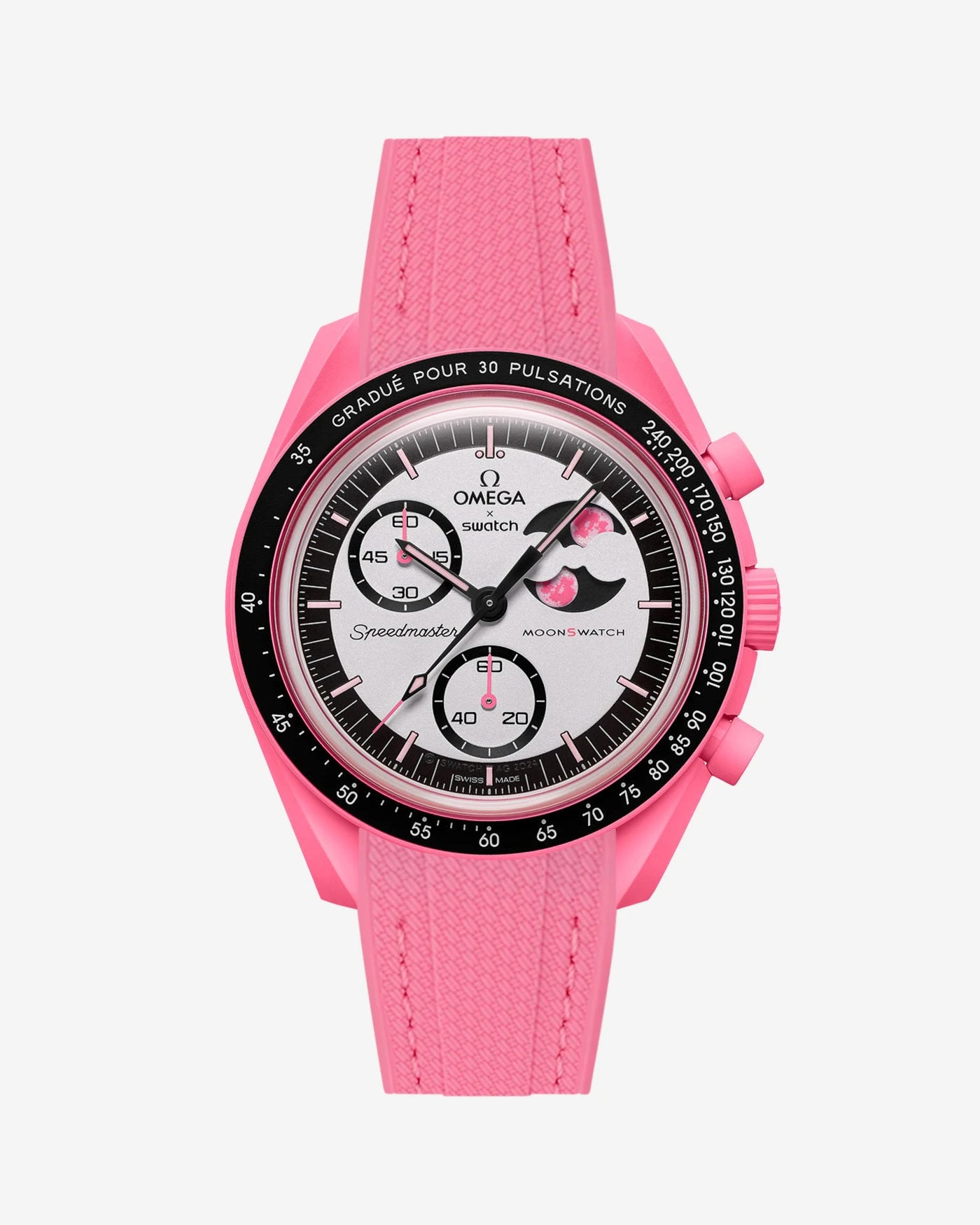 Rubber strap Pink New Moon for MoonSwatch Mission to the Pink Moonphase – front view on Omega x Swatch