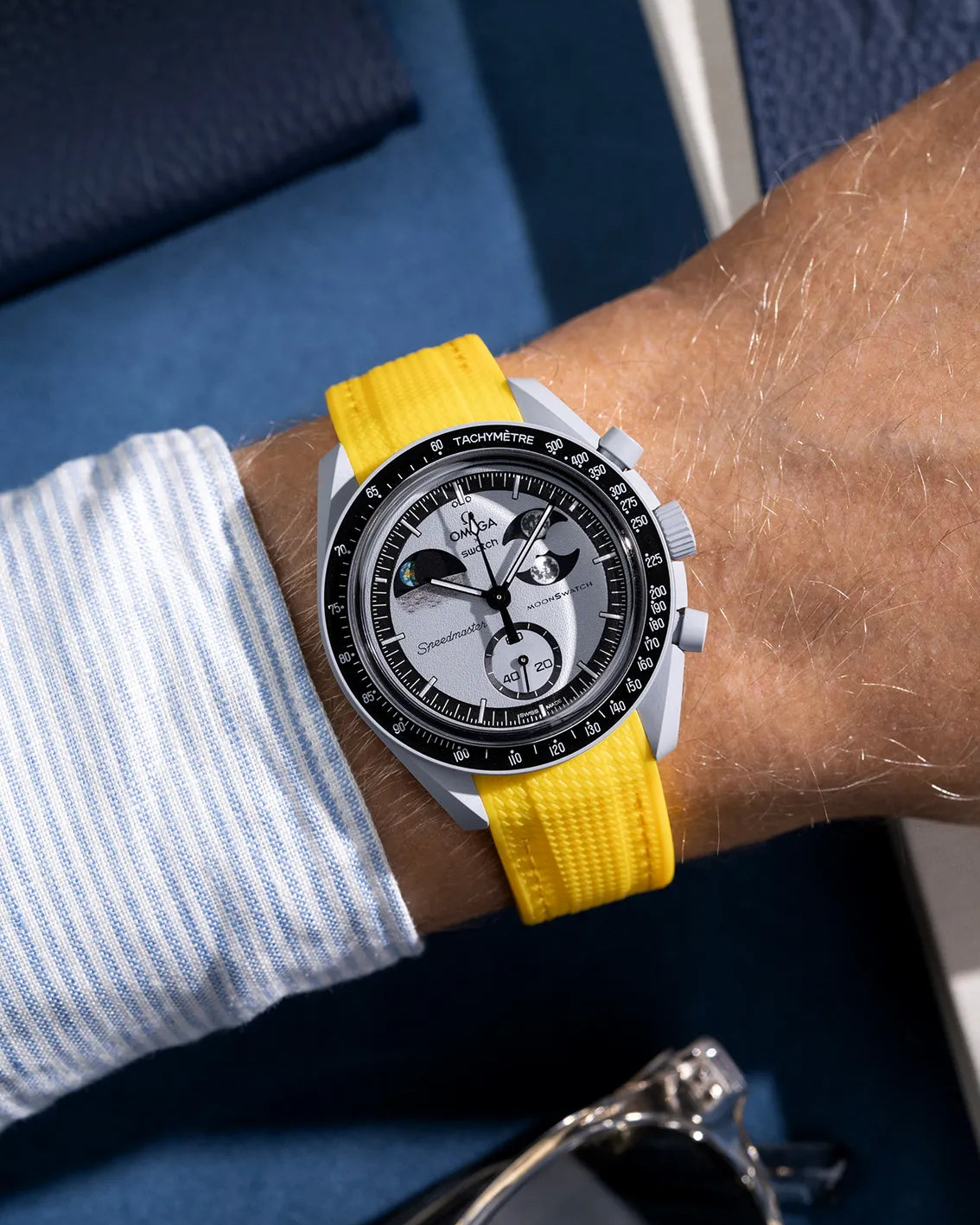 Curved yellow Vertech rubber strap for Omega X Swatch MoonSwatch – photographed on the Mission to the EarthPhase wrist shot