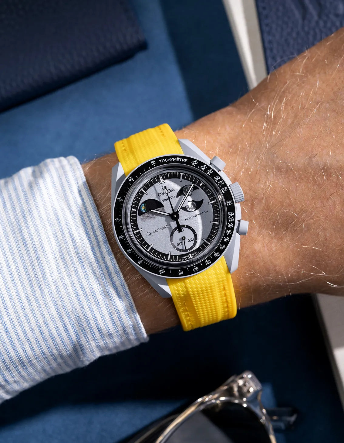 Curved yellow Vertech rubber strap for Omega X Swatch MoonSwatch – photographed on the Mission to the EarthPhase wrist shot