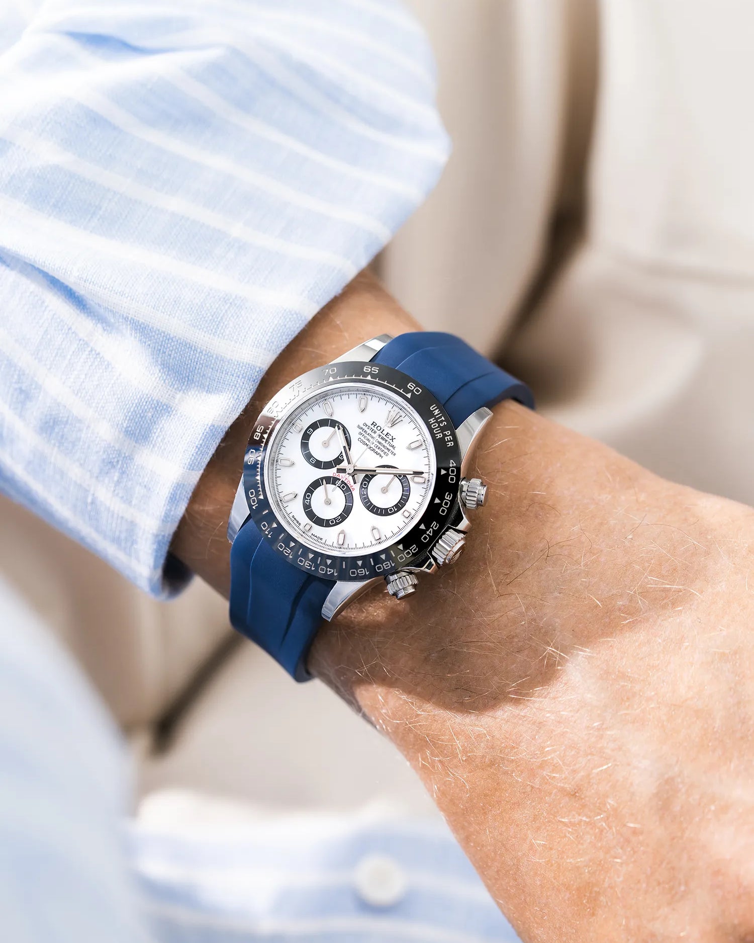 Navy blue FKM Rubber Strap Integrated for Original Clasp - Rolex Daytona 116500 wrist shot with blue shirt
