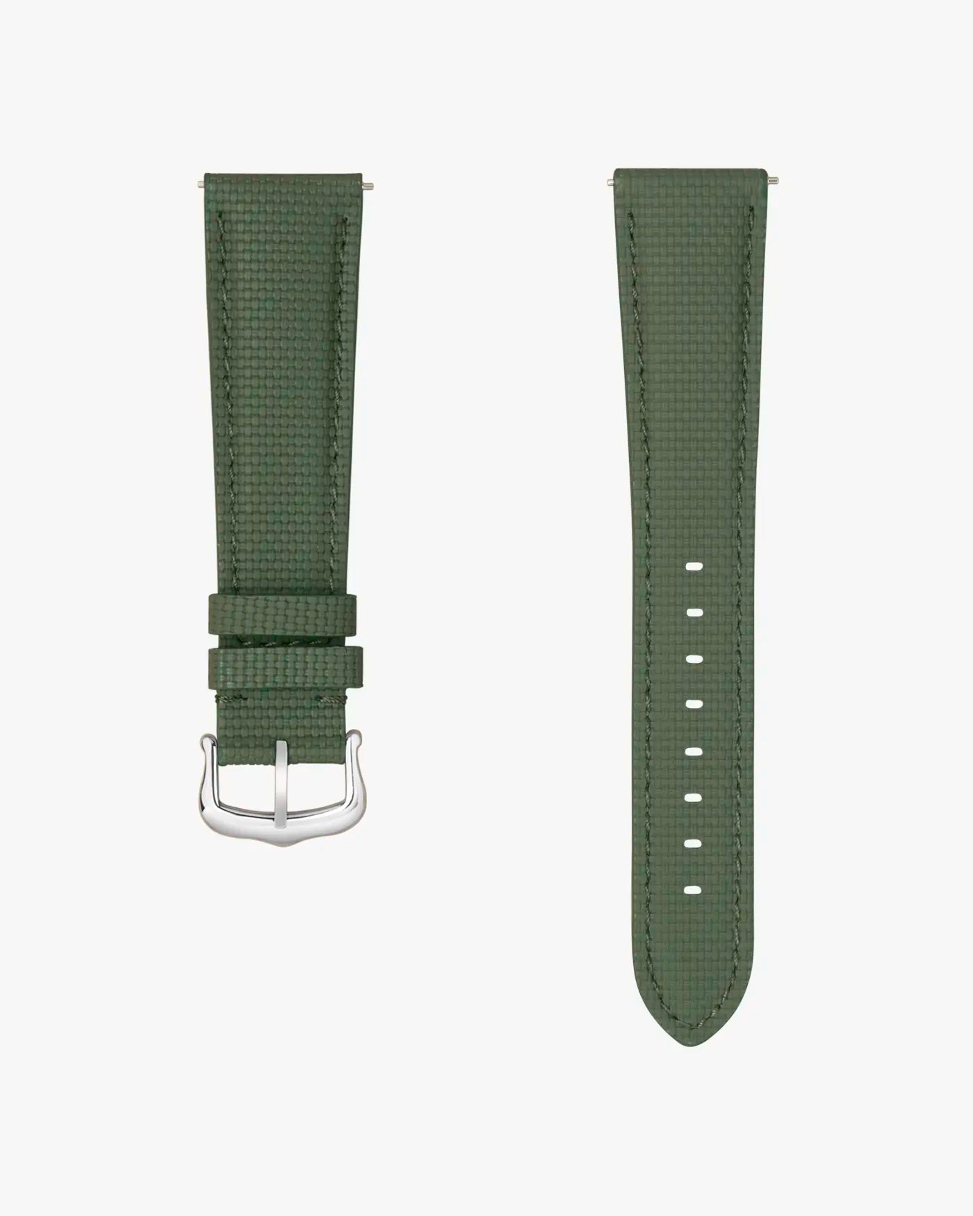 Rubberised sailcloth leather strap with stainless steel buckle – flat lay showing textured green variant