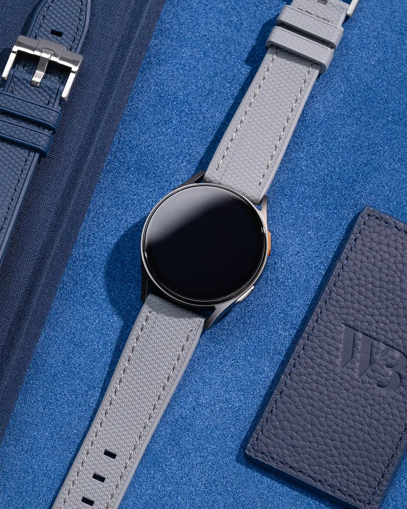 Samsung Galaxy Watch wrist strap wristband Wristbuddys premium watch band watch strap klockarmband klockband best rubberstrap rubber strap for Galaxy Watch 4, Watch 5 Galaxy smartwatch premium strap wrist strap Uhrenarmband Uhrarmband bracelet de montre cinturino dell'orologio horlogeband correa de reloj Samsung smartwatch accessories grå grey  grau gris grigio