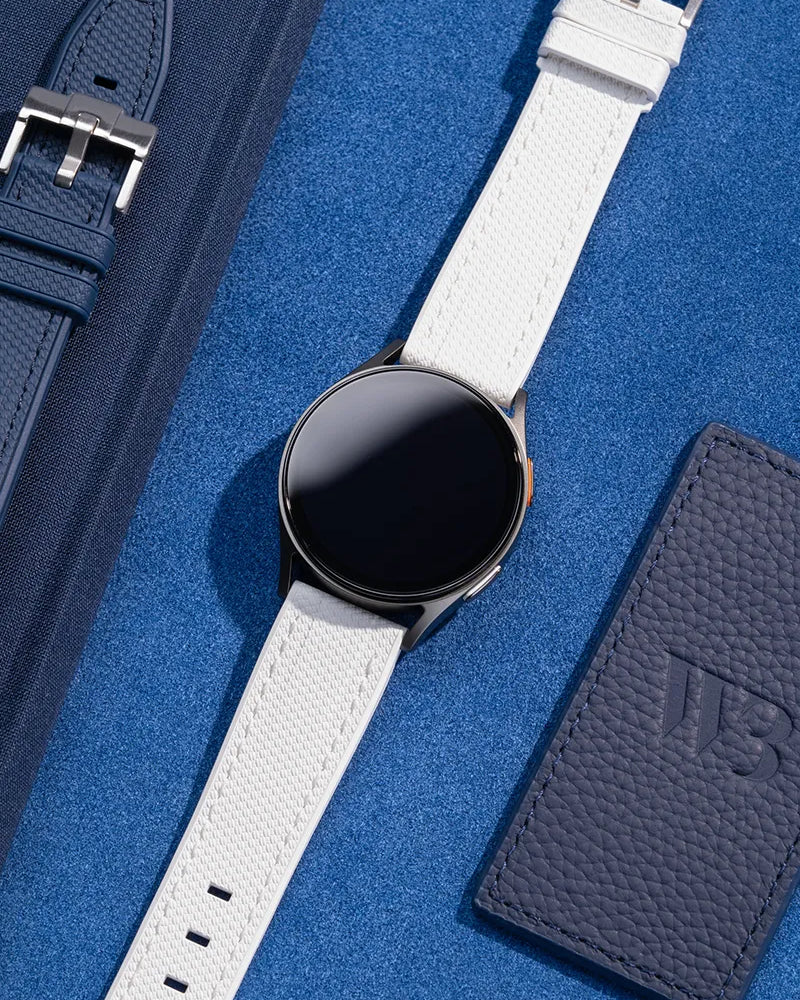 Samsung Galaxy Watch wrist strap wristband Wristbuddys premium watch band watch strap klockarmband klockband best rubberstrap rubber strap for Galaxy Watch 4, Watch 5 Galaxy smartwatch premium strap wrist strap Uhrenarmband Uhrarmband bracelet de montre cinturino dell'orologio horlogeband correa de reloj Samsung smartwatch accessories white vit weiß blanc bianco wit