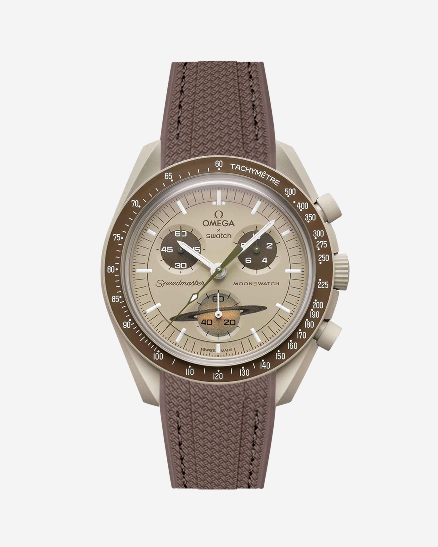 Omega watch with brown strap and beige dial on a white background