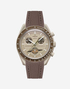Omega watch with brown strap and beige dial on a white background