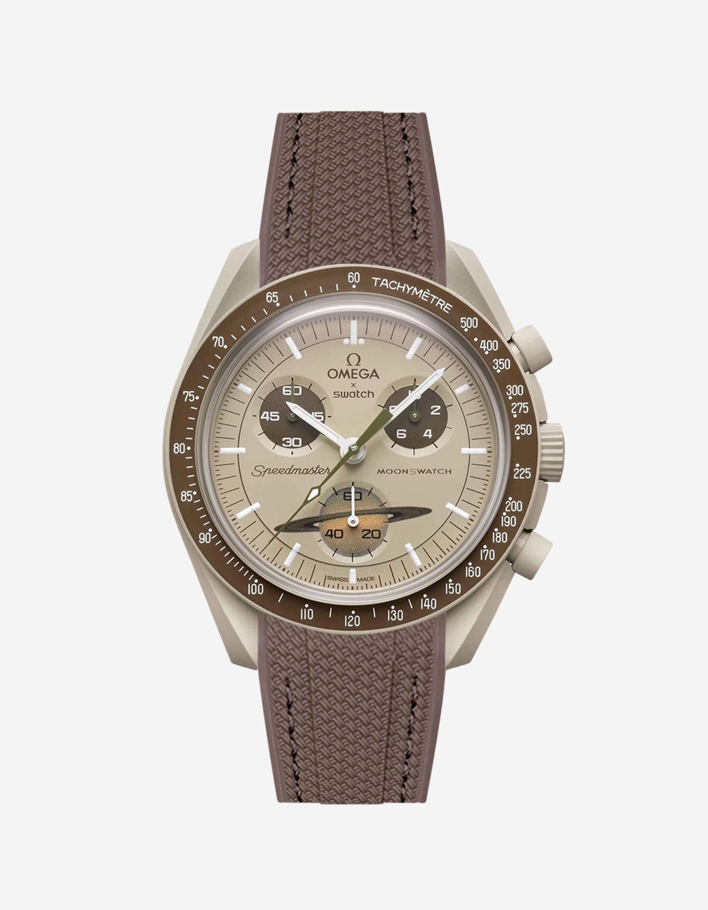 Omega watch with brown strap and beige dial on a white background