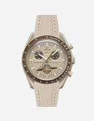 Omega watch with beige strap and detailed face on a white background