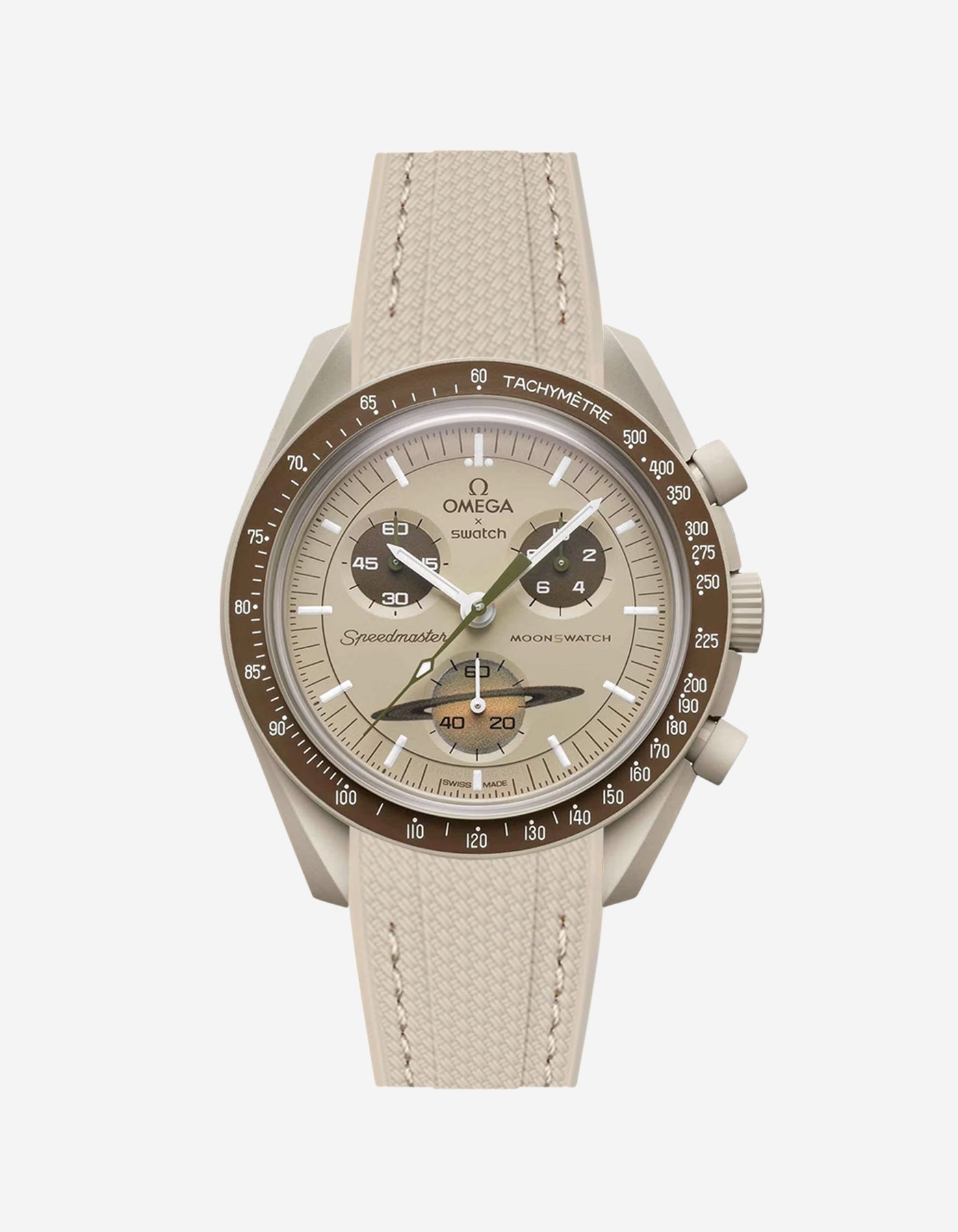 Omega watch with beige strap and detailed face on a white background