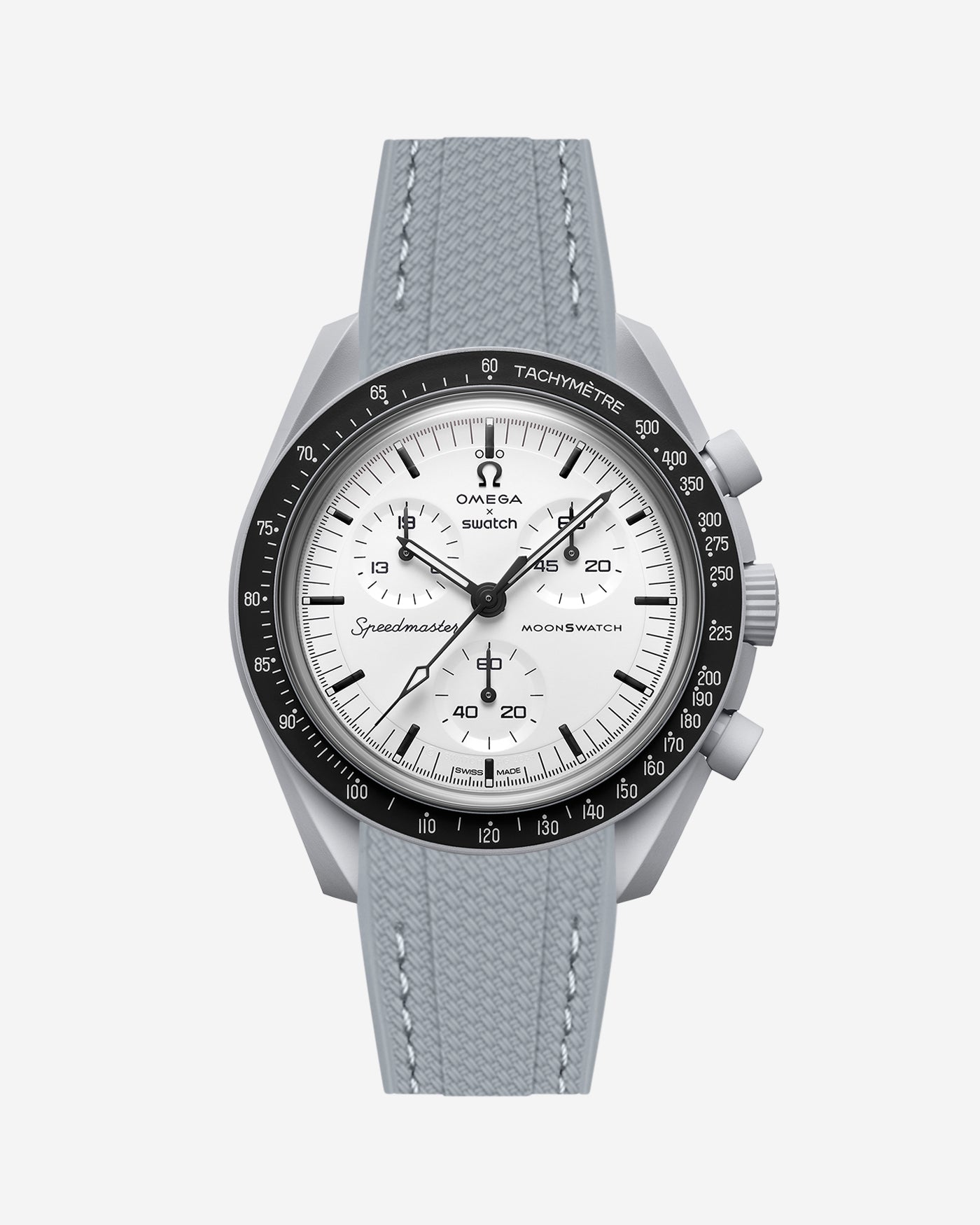 Dark grey vertech rubber watch strap on Omega X Swatch 1965