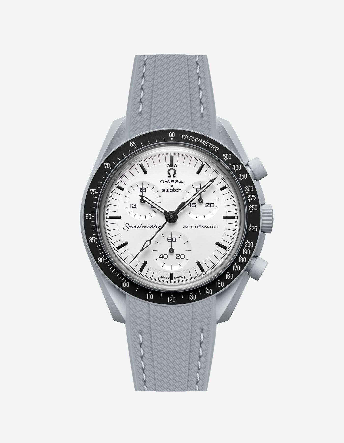 Dark grey vertech rubber watch strap on Omega X Swatch 1965