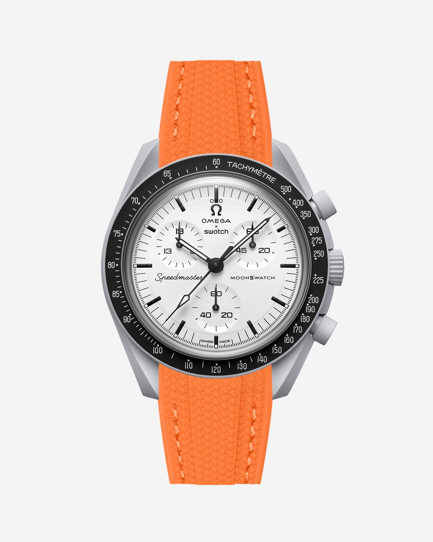 Omega X Swatch MoonSwatch 1965 watch with orange strap and white face on a light gray background