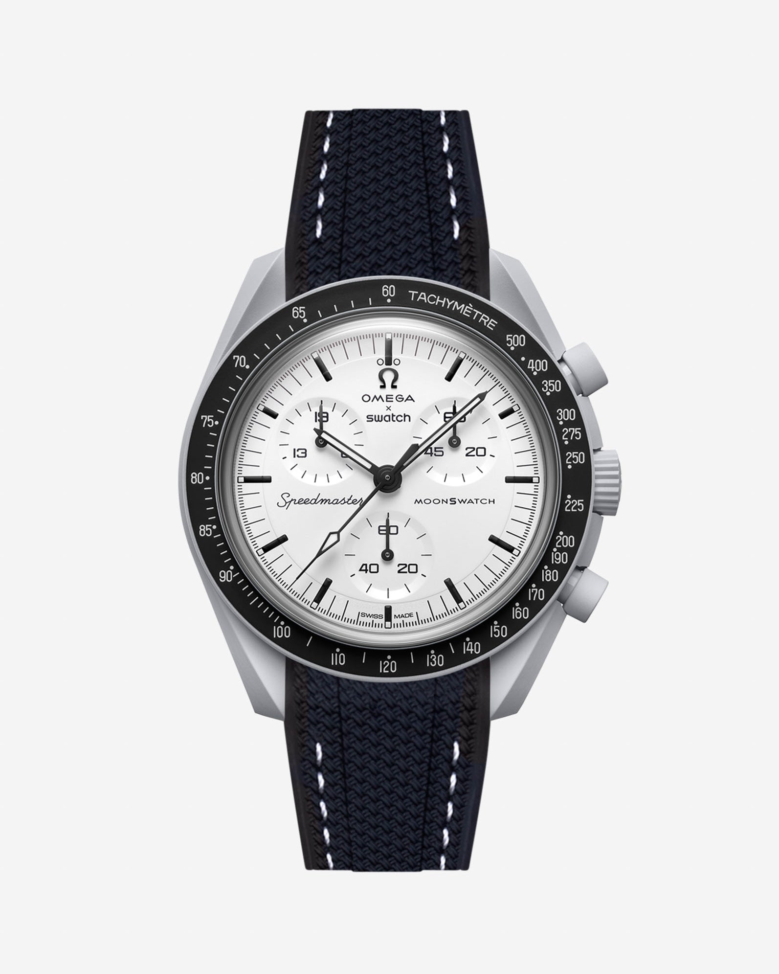 Omega X Swatch MoonSwatch 1965 watch with black strap and white face on a light gray background