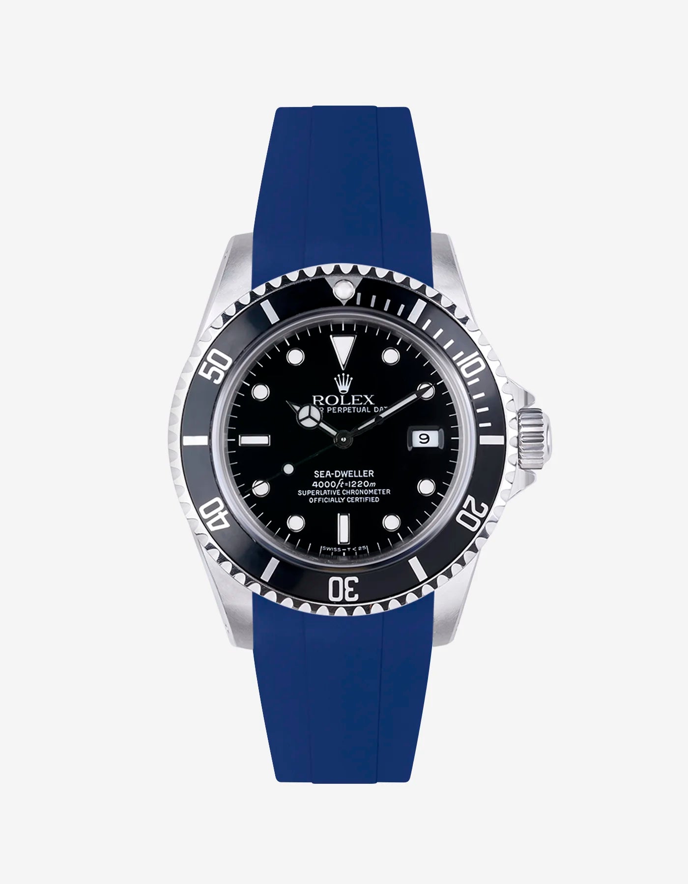 Rolex Sea-Dweller 16600 on blue FKM rubber strap, seamlessly matched with OEM clasp