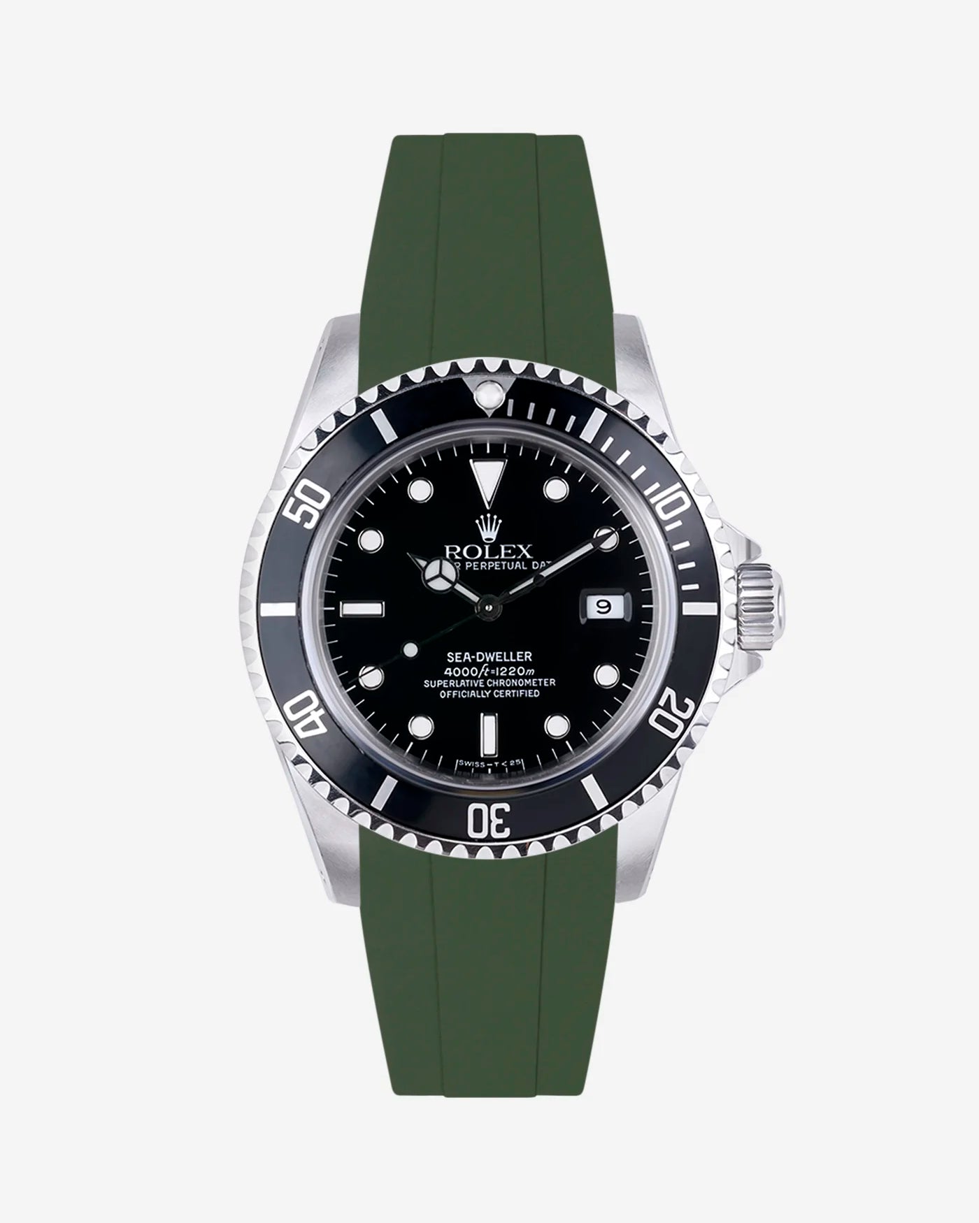 Green FKM strap designed for Rolex Sea-Dweller 16600 with integrated clasp connection