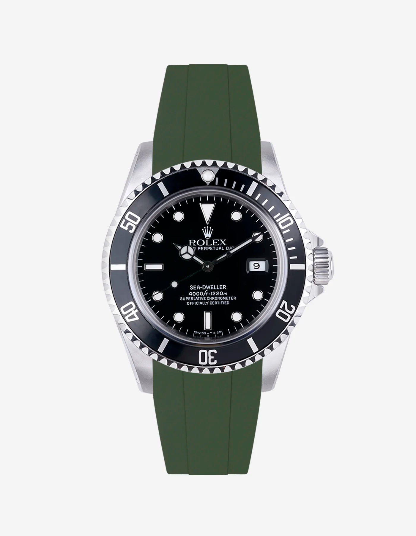 Green FKM strap designed for Rolex Sea-Dweller 16600 with integrated clasp connection