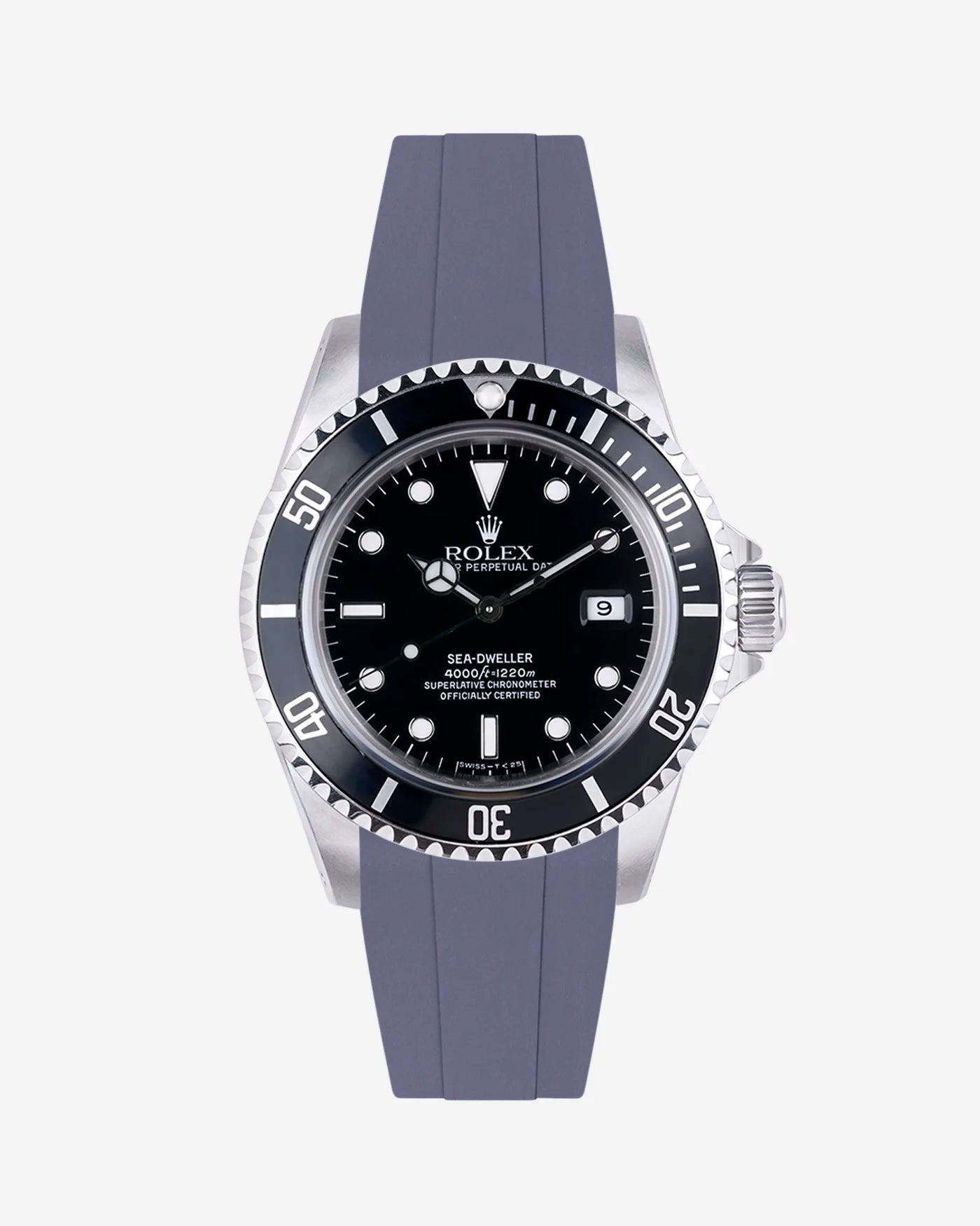 Grey FKM rubber band mounted on Rolex Sea-Dweller 16600 using original clasp system