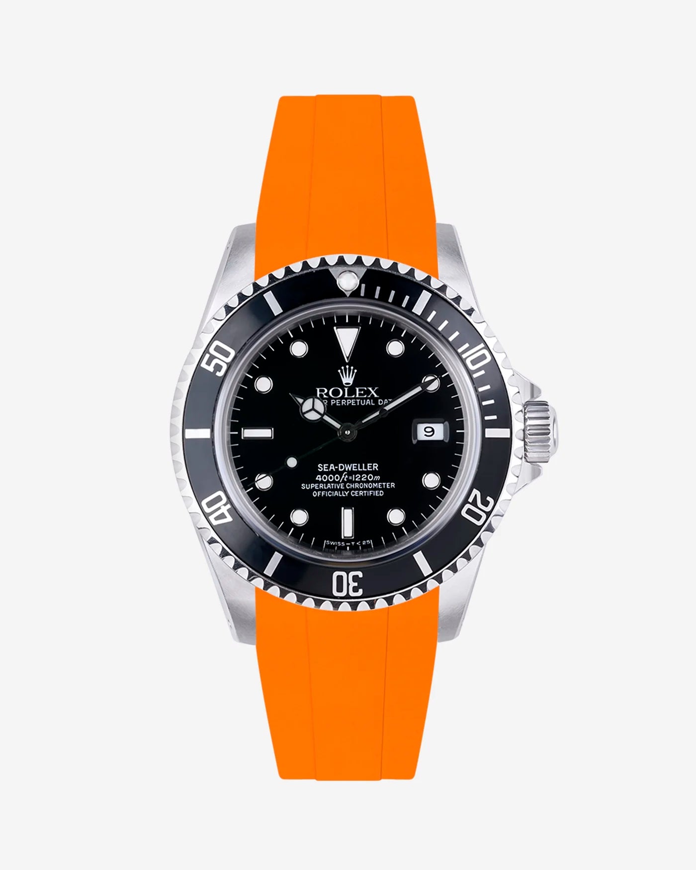 Bold orange FKM strap on Rolex Sea-Dweller 16600, paired with factory clasp