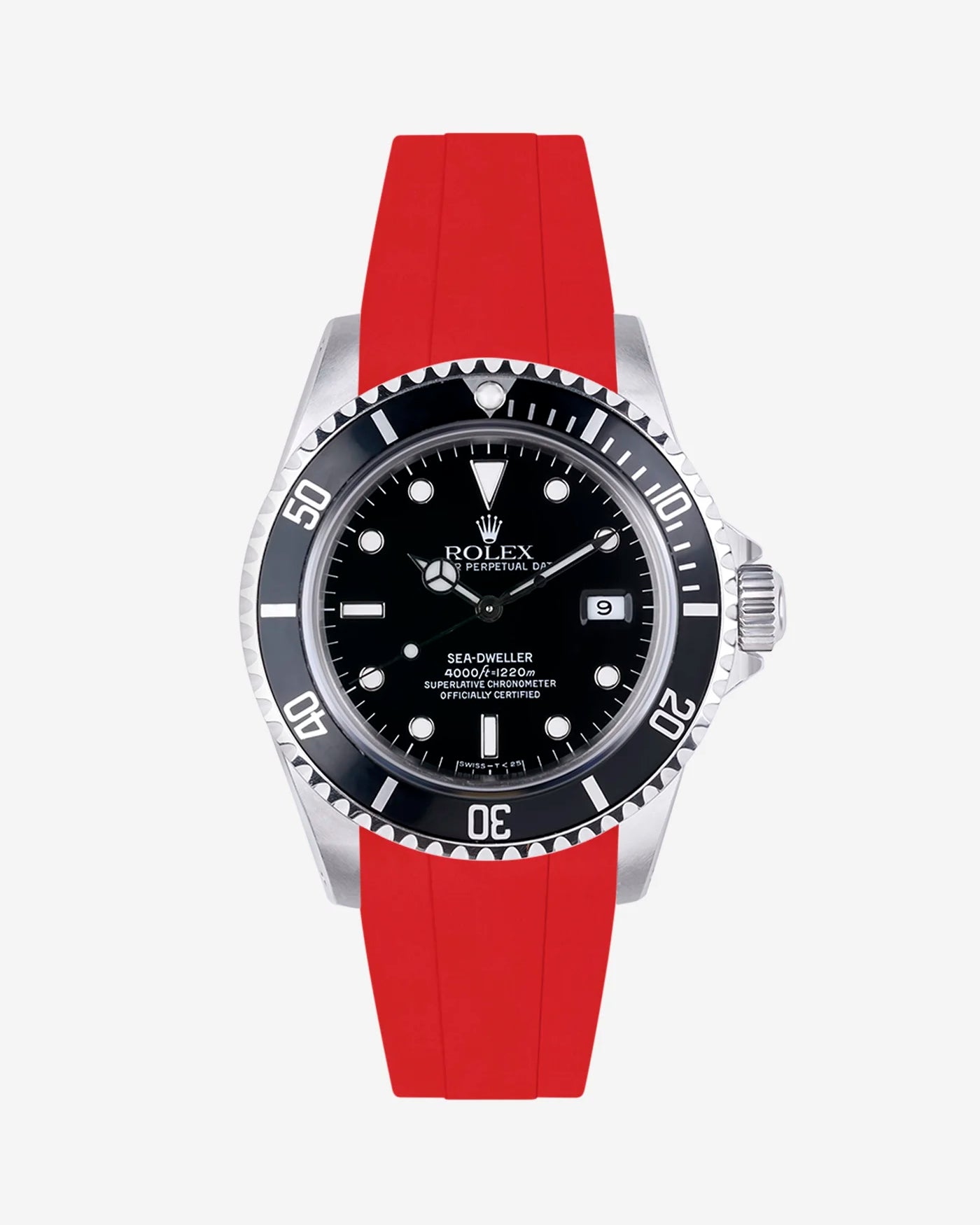 Red FKM rubber strap customized for Rolex Sea-Dweller 16600, clasp-compatible