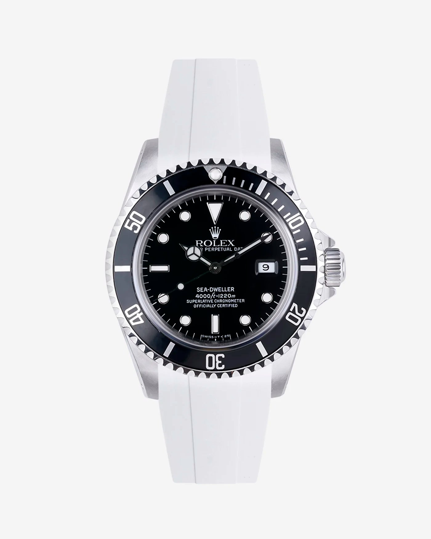 White FKM strap installed on Rolex Sea-Dweller 16600 with clasp-ready integration