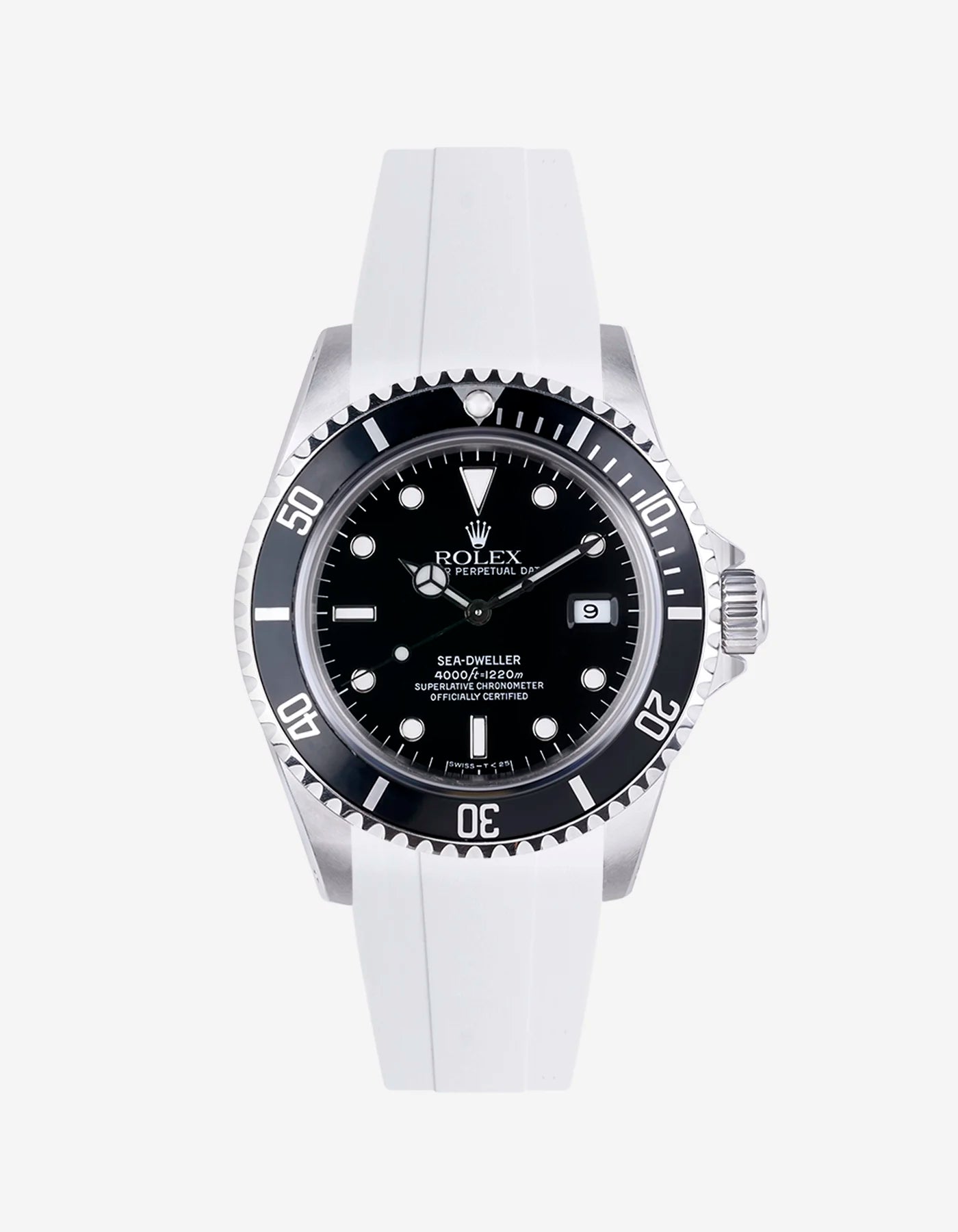 White FKM strap installed on Rolex Sea-Dweller 16600 with clasp-ready integration