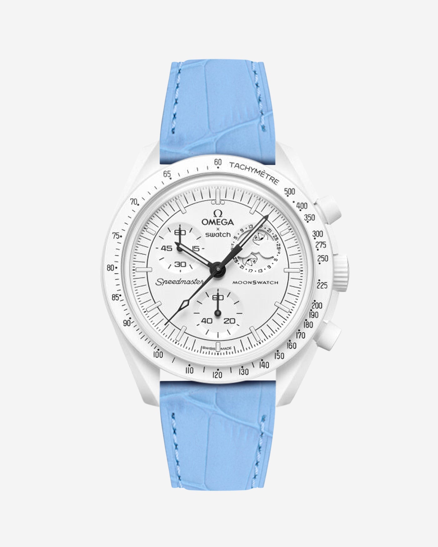 Sky Blue embossed alligator leather strap on Omega X Swatch MoonSwatch Mission to the Moonphase Full Moon Watch
