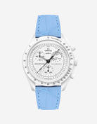 Sky Blue embossed alligator leather strap on Omega X Swatch MoonSwatch Mission to the Moonphase Full Moon Watch