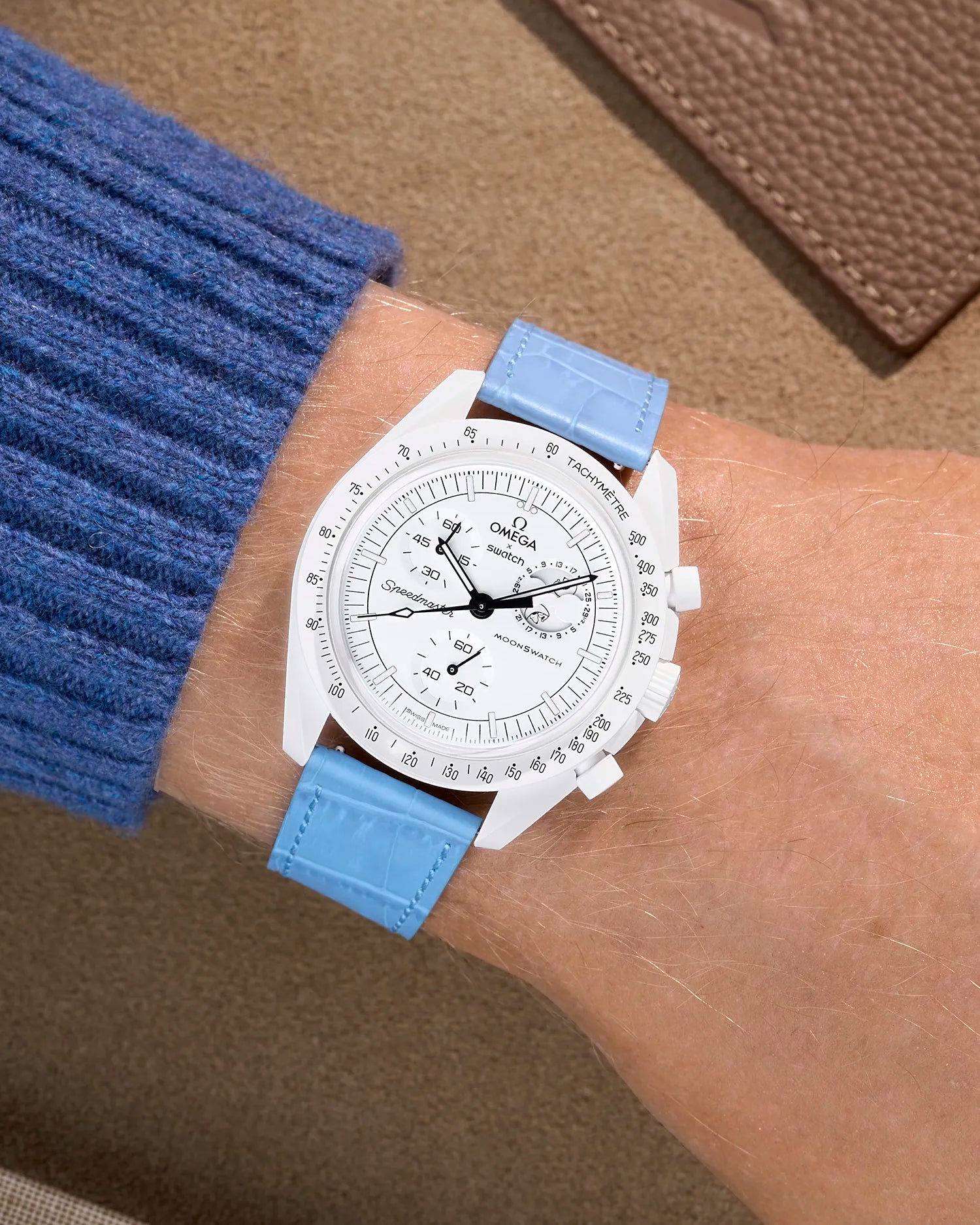 Sky blue embossed alligator leather strap on Omega X Swatch MoonSwatch Mission to the Moonphase Full Moon – wrist shot