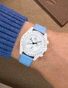 Sky blue embossed alligator leather strap on Omega X Swatch MoonSwatch Mission to the Moonphase Full Moon – wrist shot