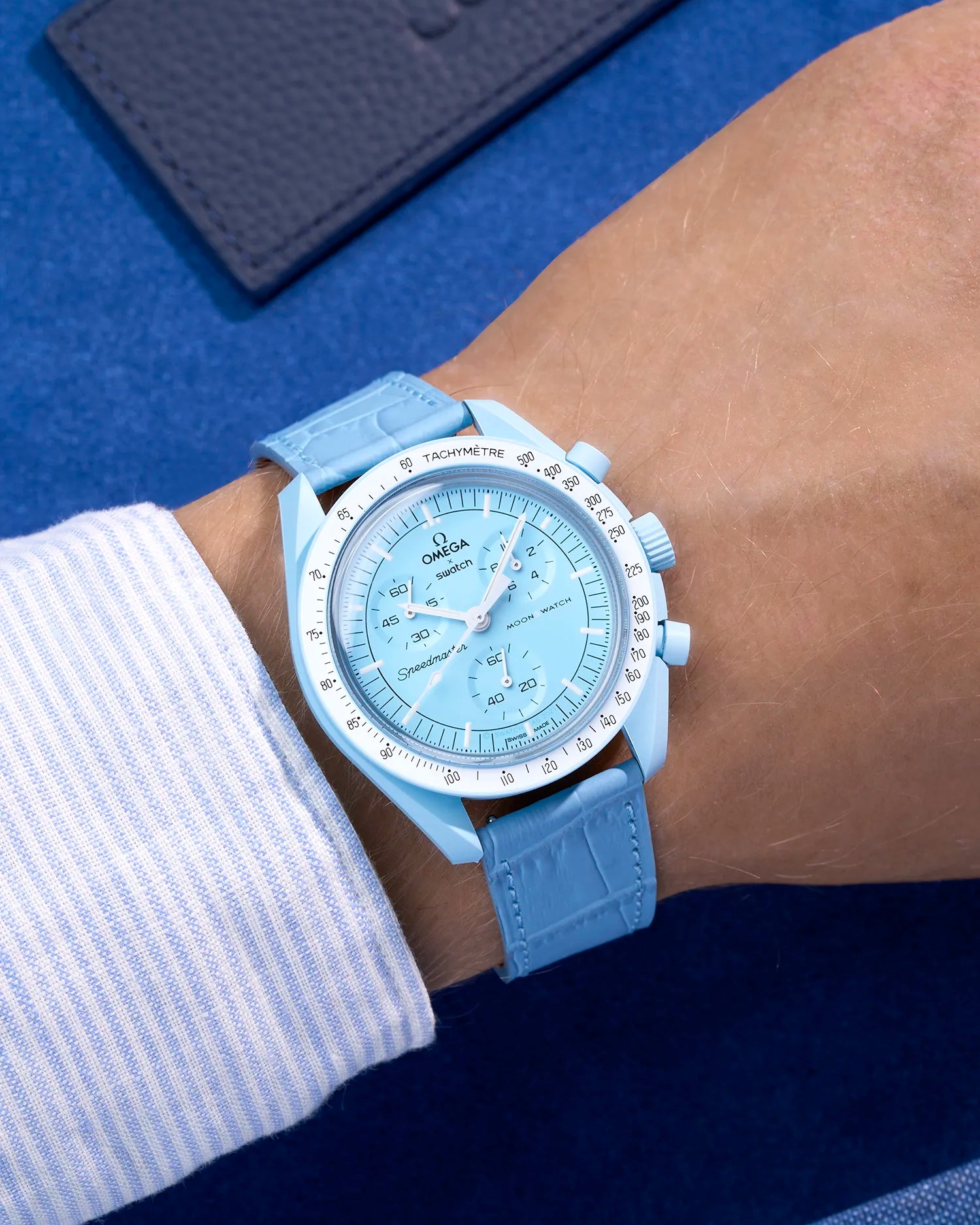 Sky Blue embossed alligator leather strap on Omega X Swatch MoonSwatch Mission to Uranus – wrist shot