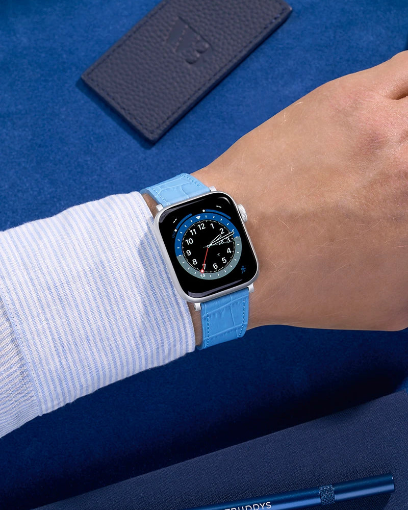 Wrist shot on Sky Blue Embossed Alligator leather Apple watch Band