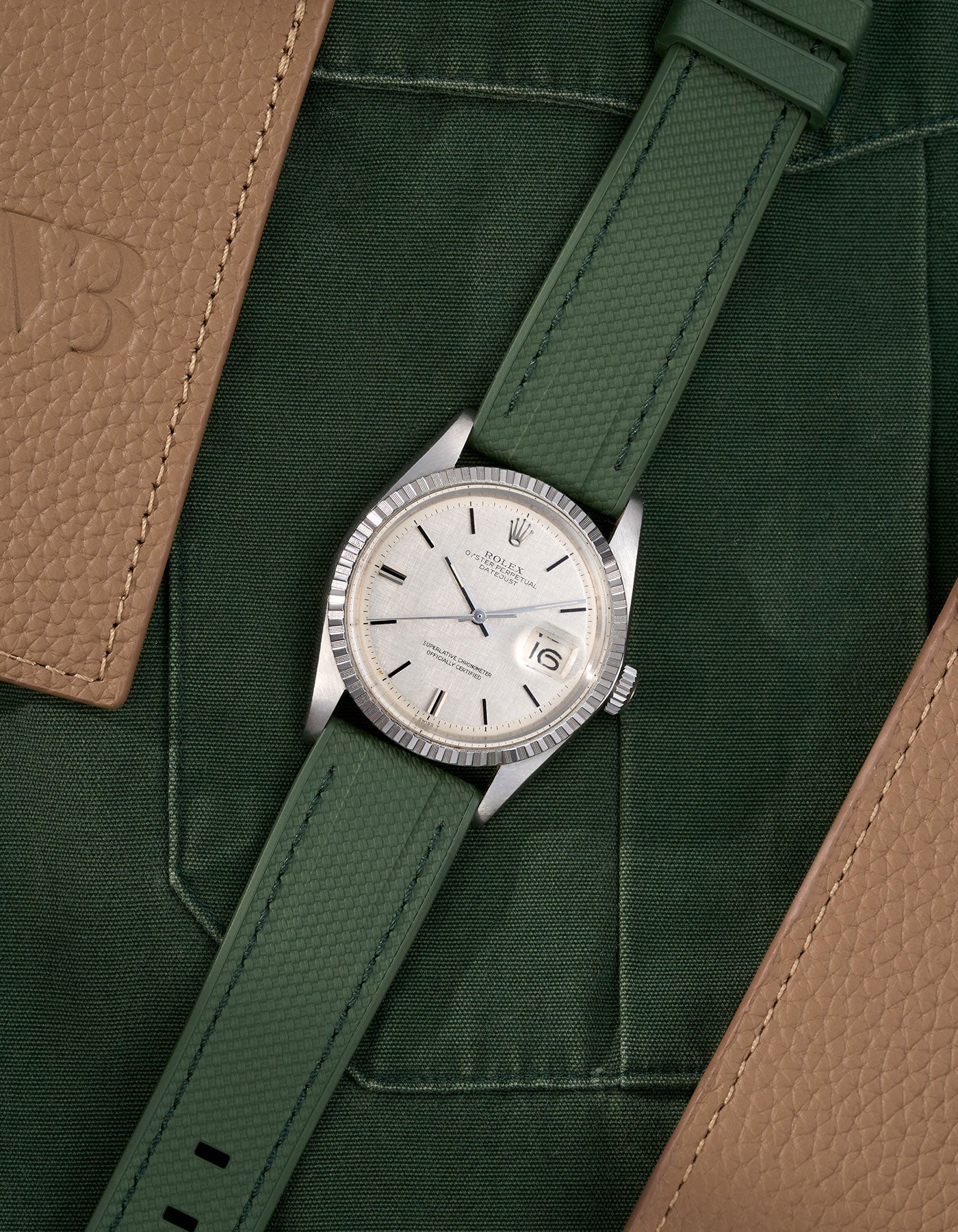 Straight End FKM Strap 20mm Military Green flat lay - Wristbuddys