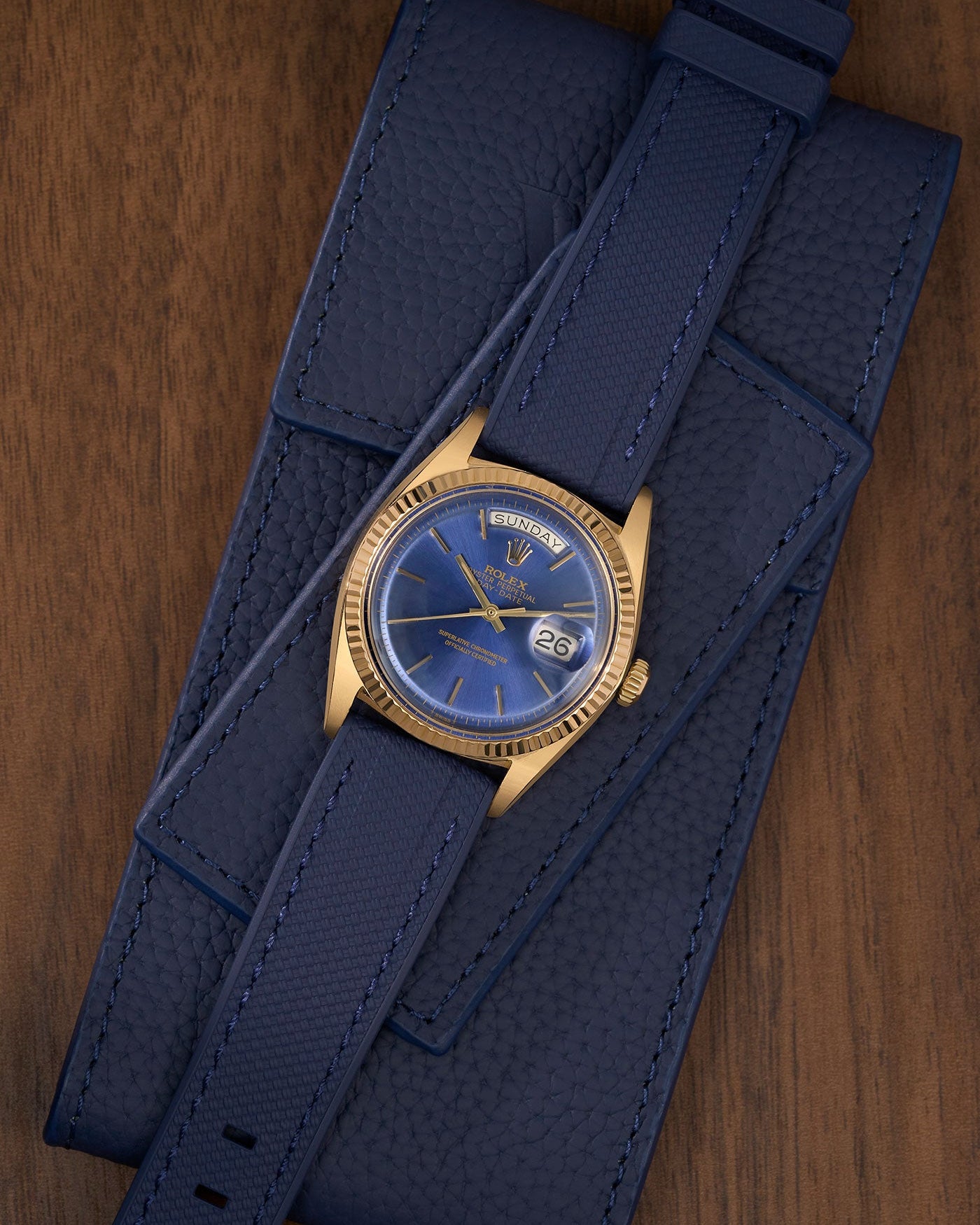 Straight End FKM Strap 20mm Navy Blue flat lay on blue pouch- Wristbuddys