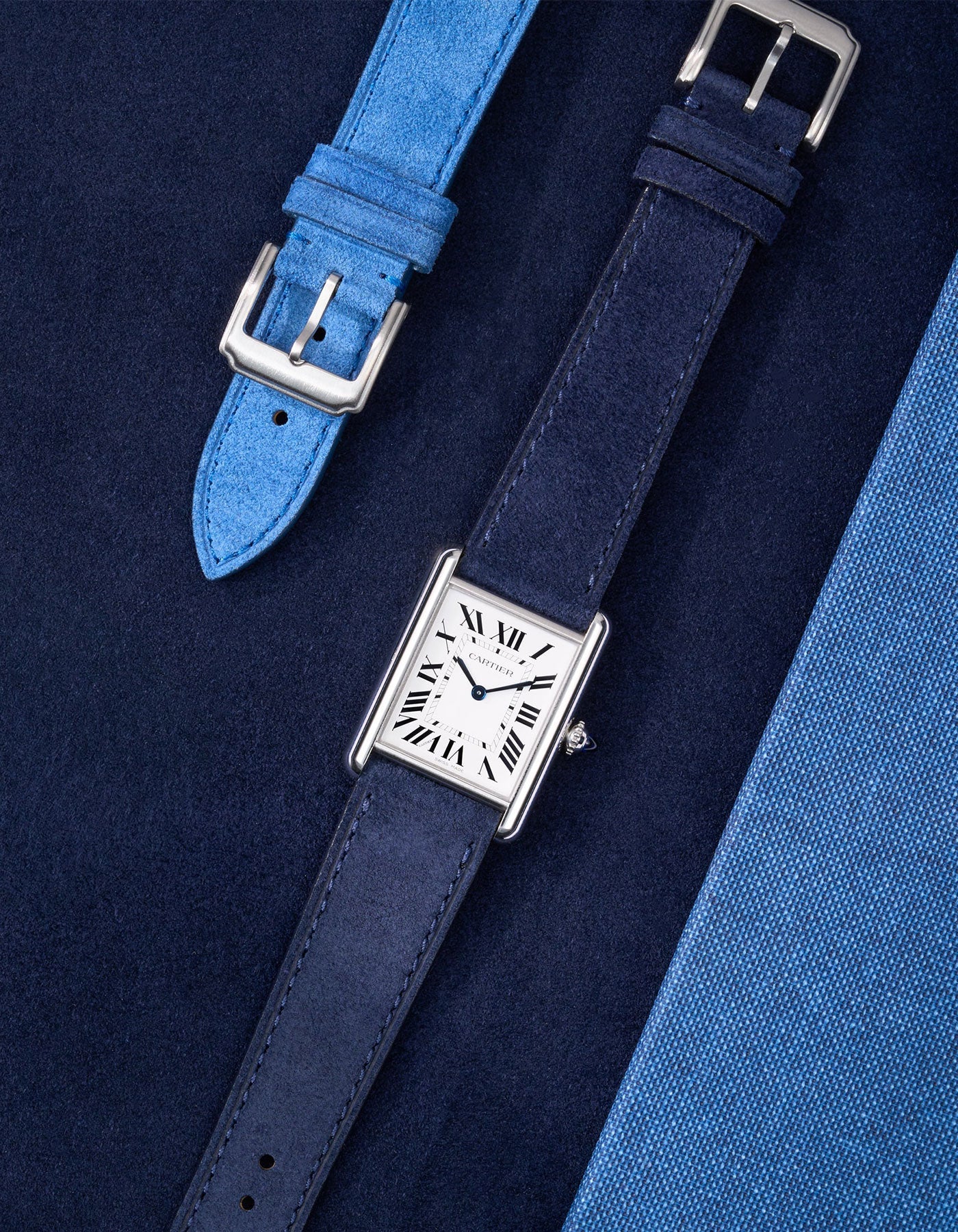 blue suede leather watch strap on a cartier santos large steel watch. Handmade in italy in lug width 17mm to 21mm