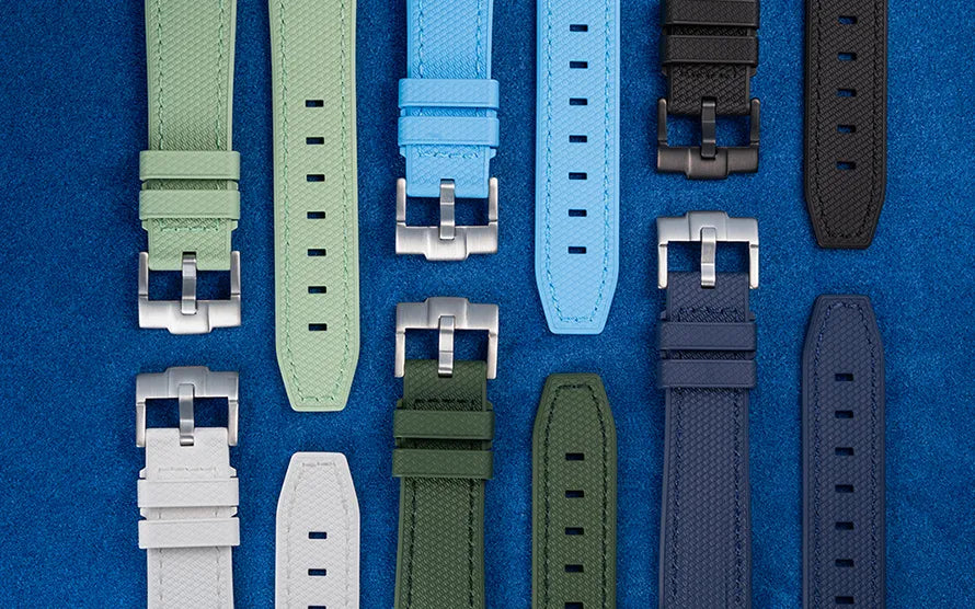 Rubber watch straps for Tag Heuer in FKM material with stainless steel buckles – assorted colors including mint, blue, green, white, and black