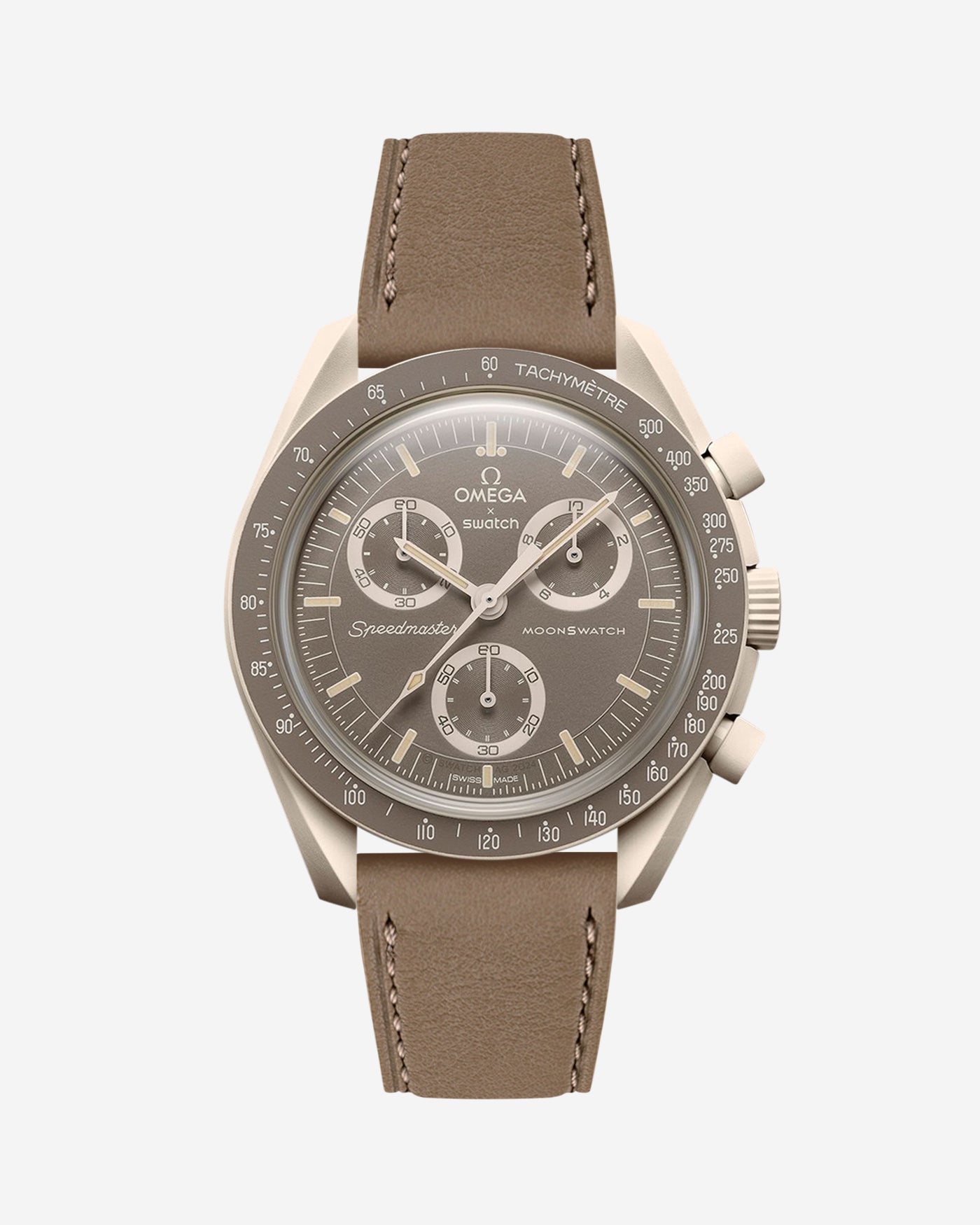 Omega X Swatch Mission on Earth – Desert with Taupe cowhide leather strap mounted – front view
