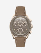 Omega X Swatch Mission on Earth – Desert with Taupe cowhide leather strap mounted – front view