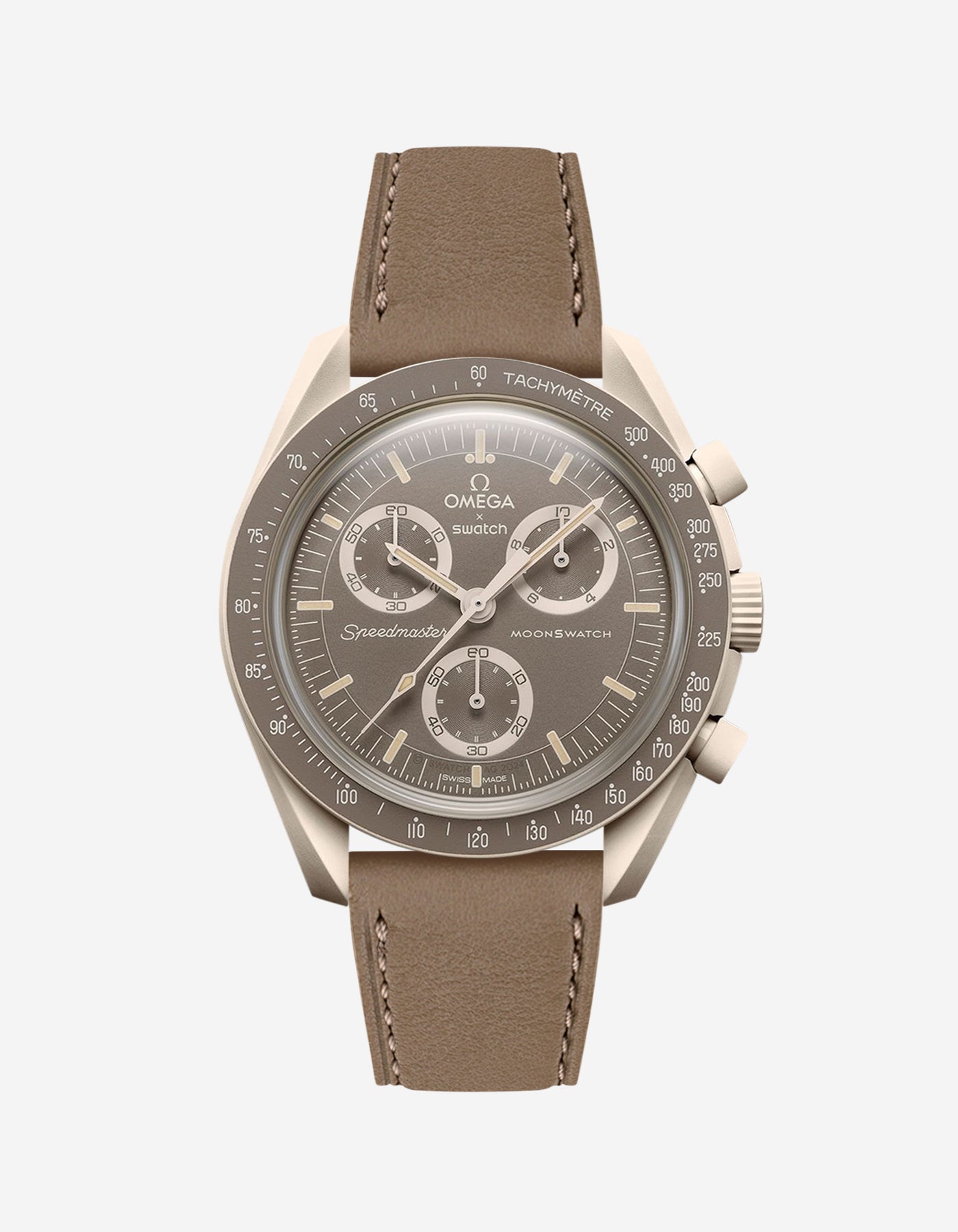 Omega X Swatch Mission on Earth – Desert with Taupe cowhide leather strap mounted – front view