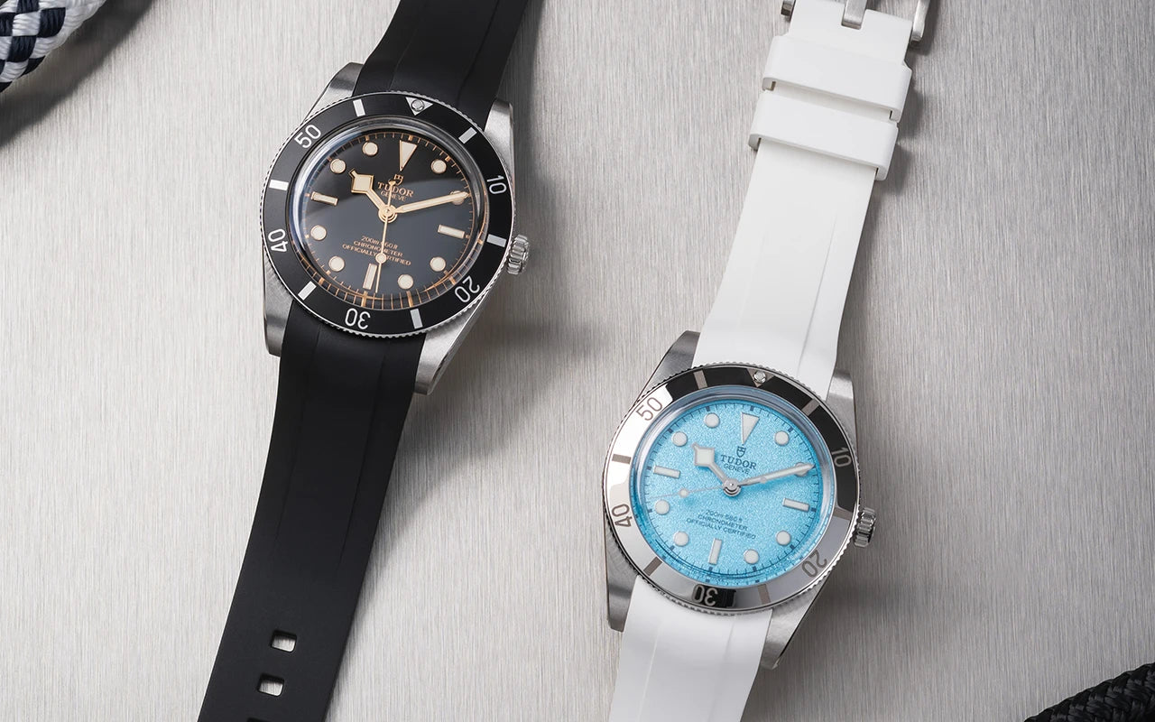 Image for the category page for Tudor BB54 rubber straps, where we show two different Tudor Black Bay 54 watches with our white and black straps