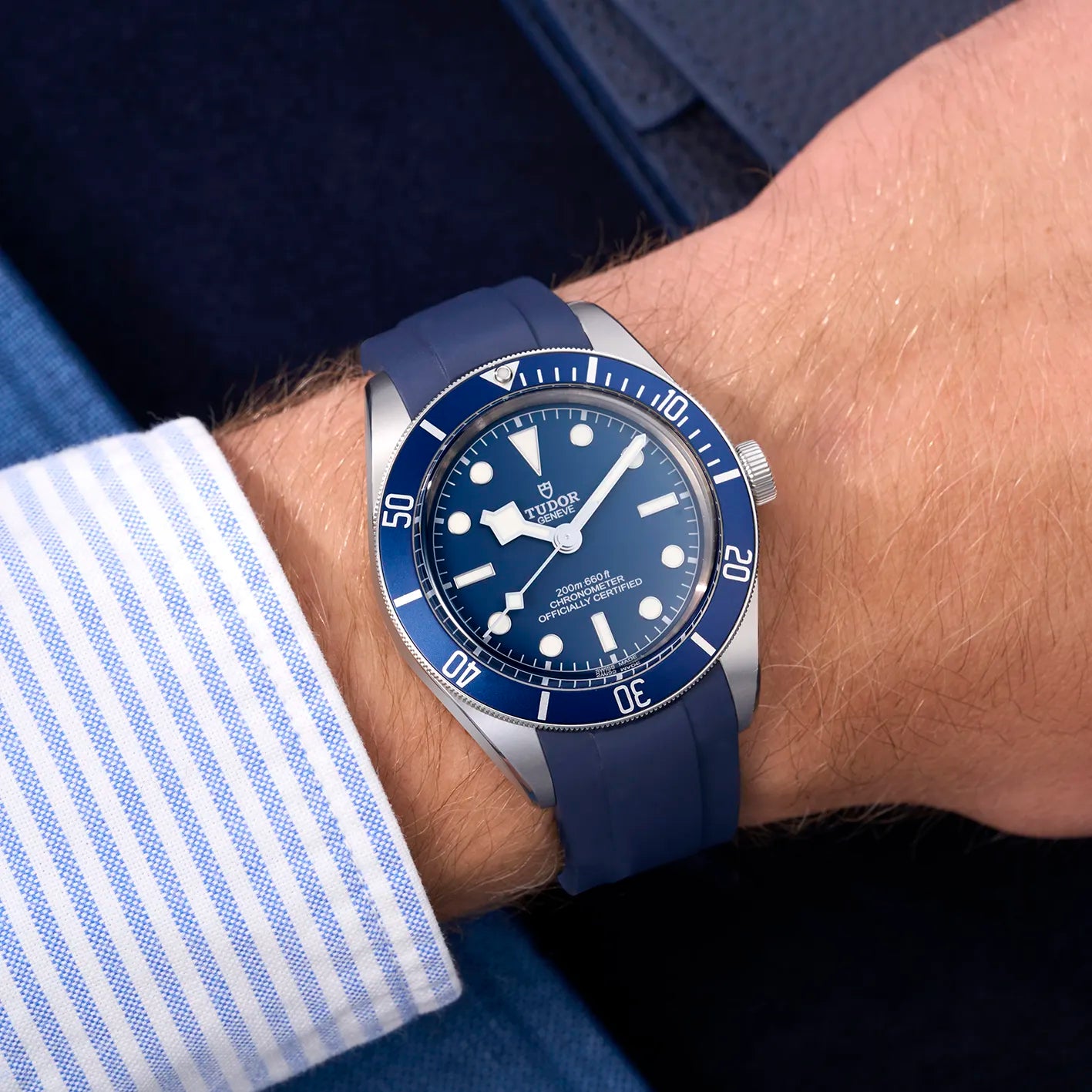 Blue rubber strap mounted on Tudor Black Bay Fifty-Eight – wristshot with blue dial and bezel