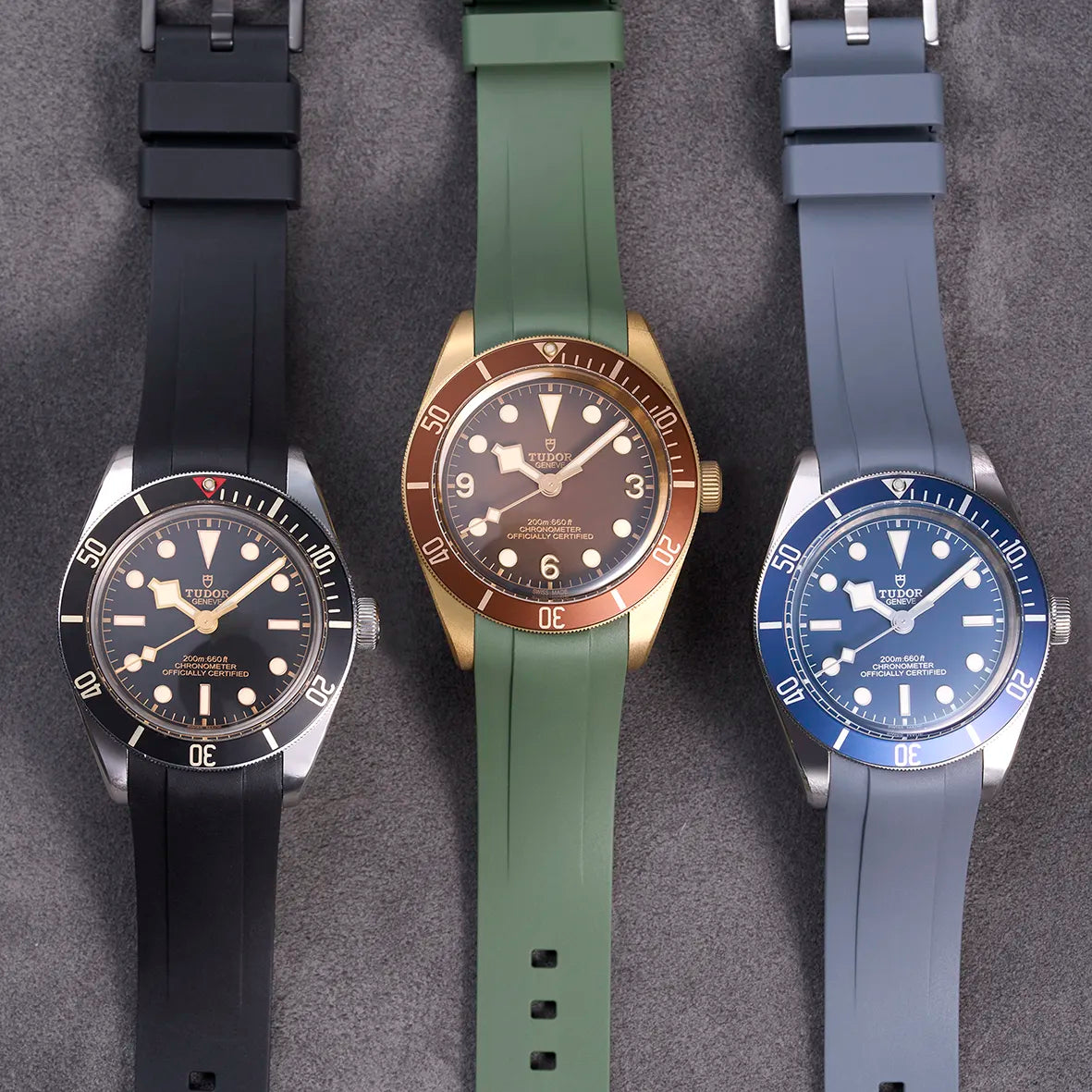 Rubber straps for Tudor Black Bay watches – shown in black, green and blue on Black Bay Fifty-Eight models