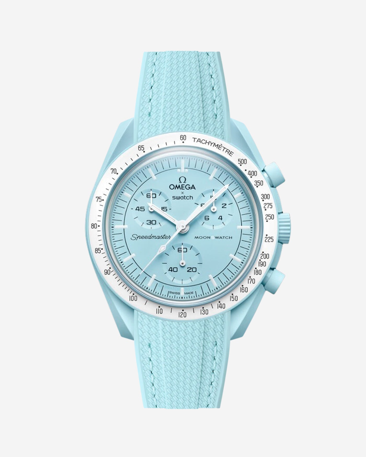 A turquoise curved rubber watch strap with a blue dial and a stainless steel buckle, designed for the Omega X Swatch MoonSwatch Mission to Uranus model.