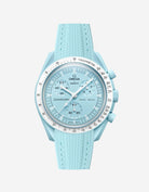 A turquoise curved rubber watch strap with a blue dial and a stainless steel buckle, designed for the Omega X Swatch MoonSwatch Mission to Uranus model.