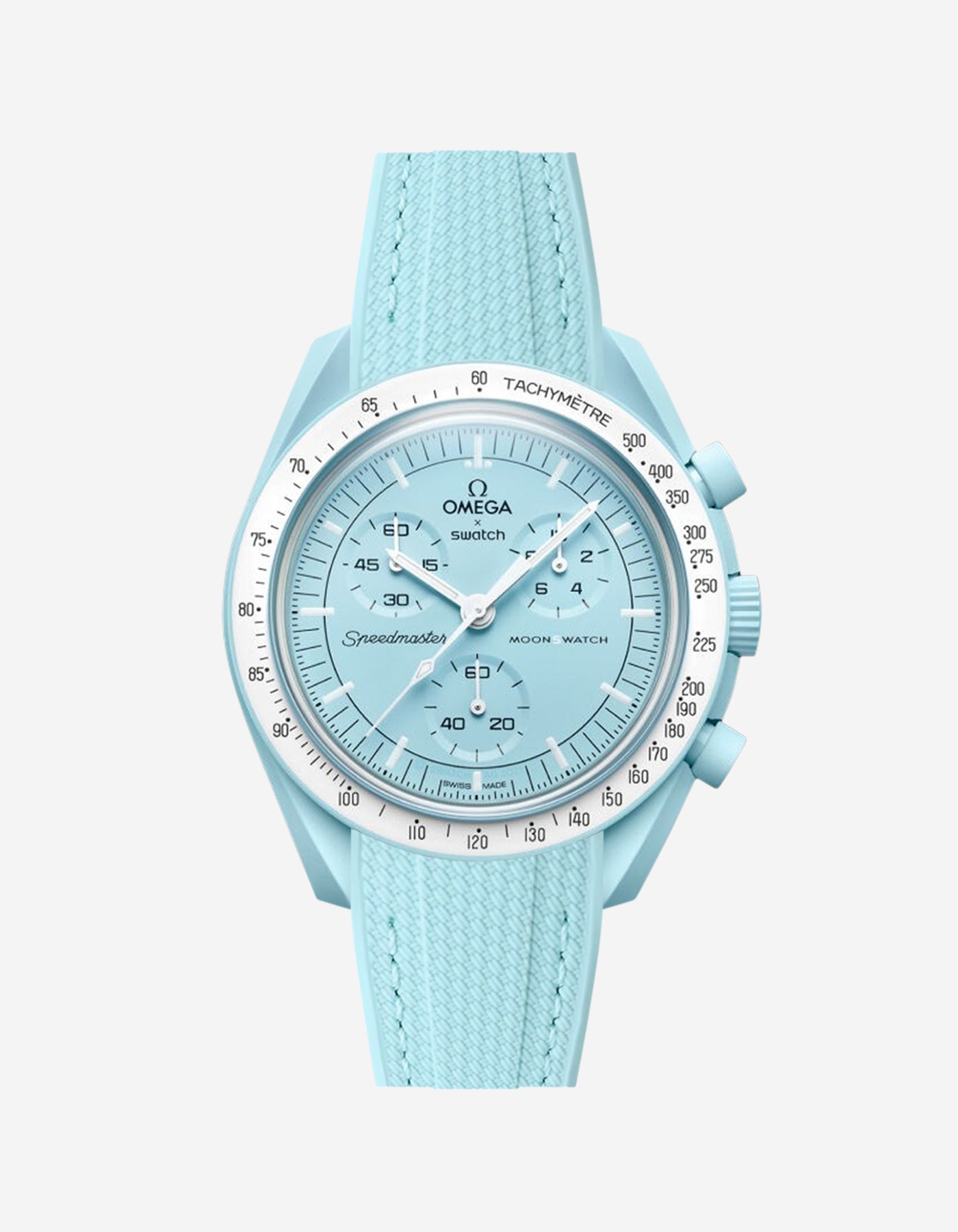 A turquoise curved rubber watch strap with a blue dial and a stainless steel buckle, designed for the Omega X Swatch MoonSwatch Mission to Uranus model.