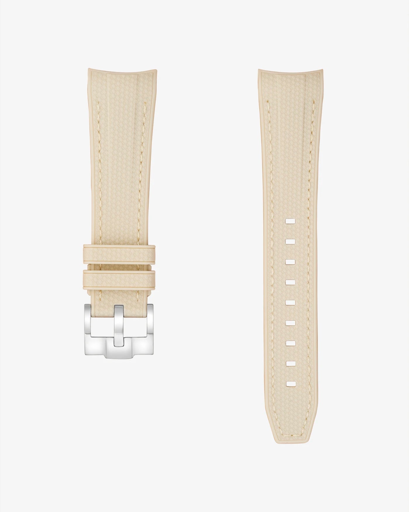 Vertech Beige rubber strap for Blancpain X Swatch shown flat with silver buckle and curved 22mm fit