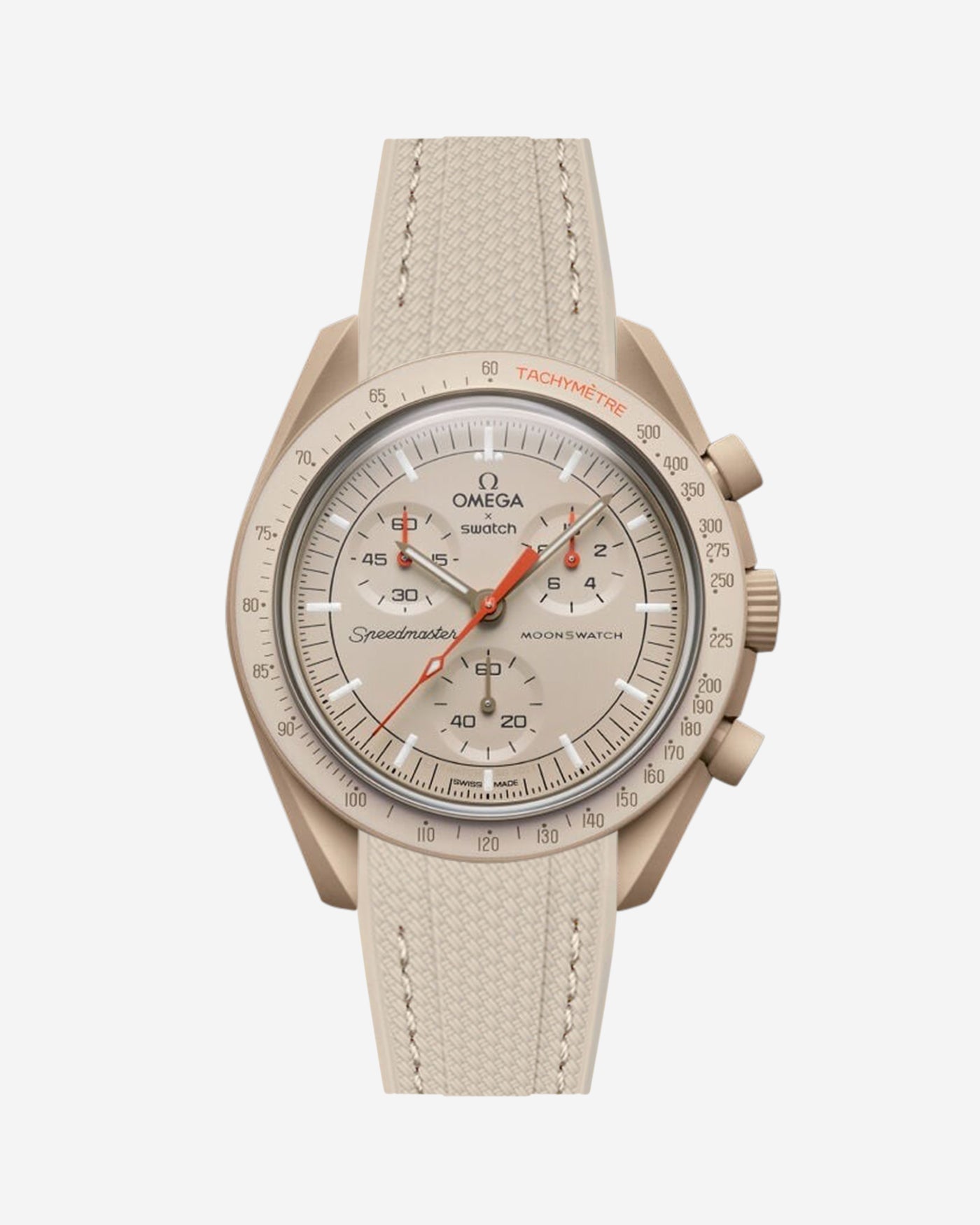 Omega X Swatch MoonSwatch watch with beige strap on a white background