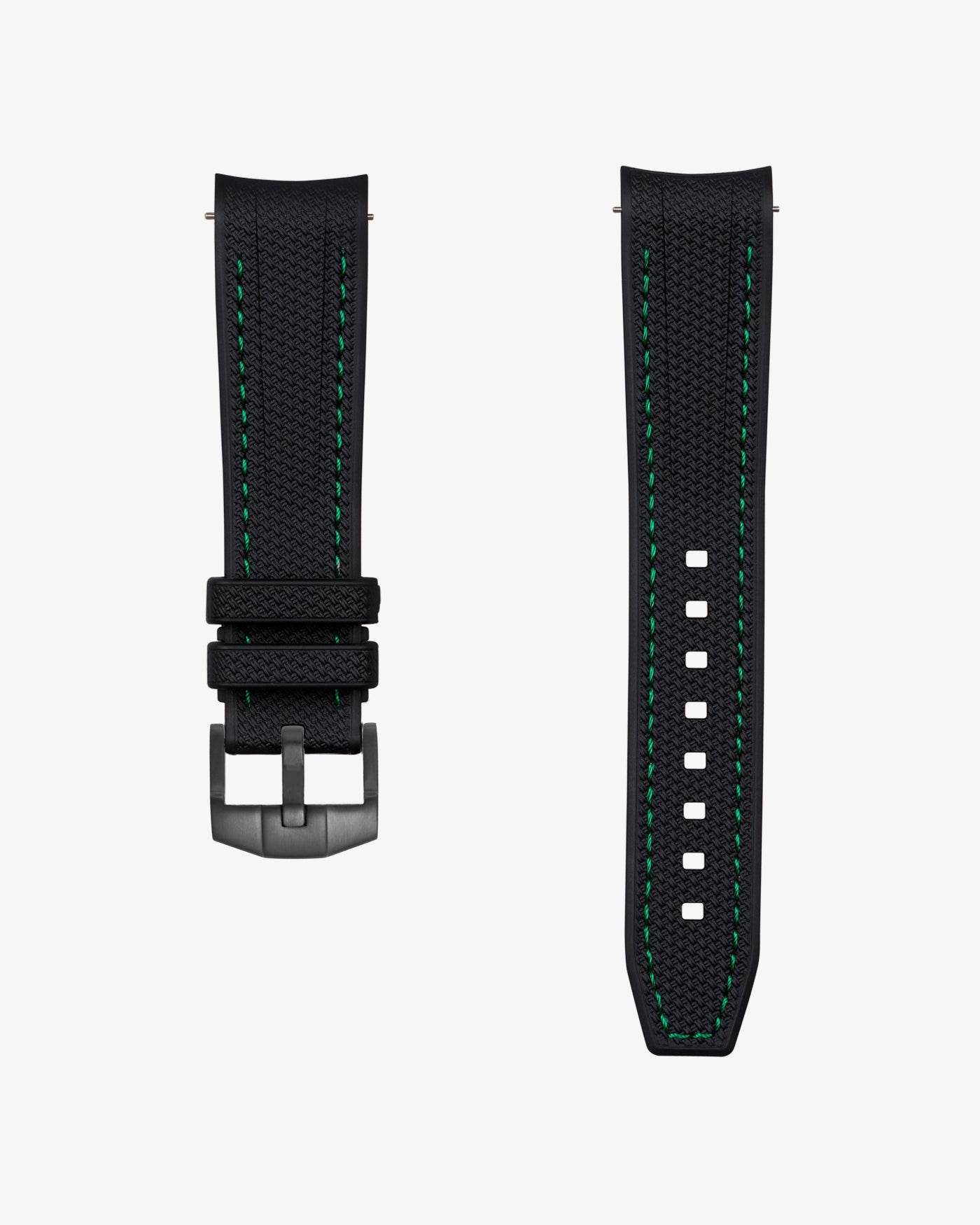 Black vertech watch strap with green stitching on a white background