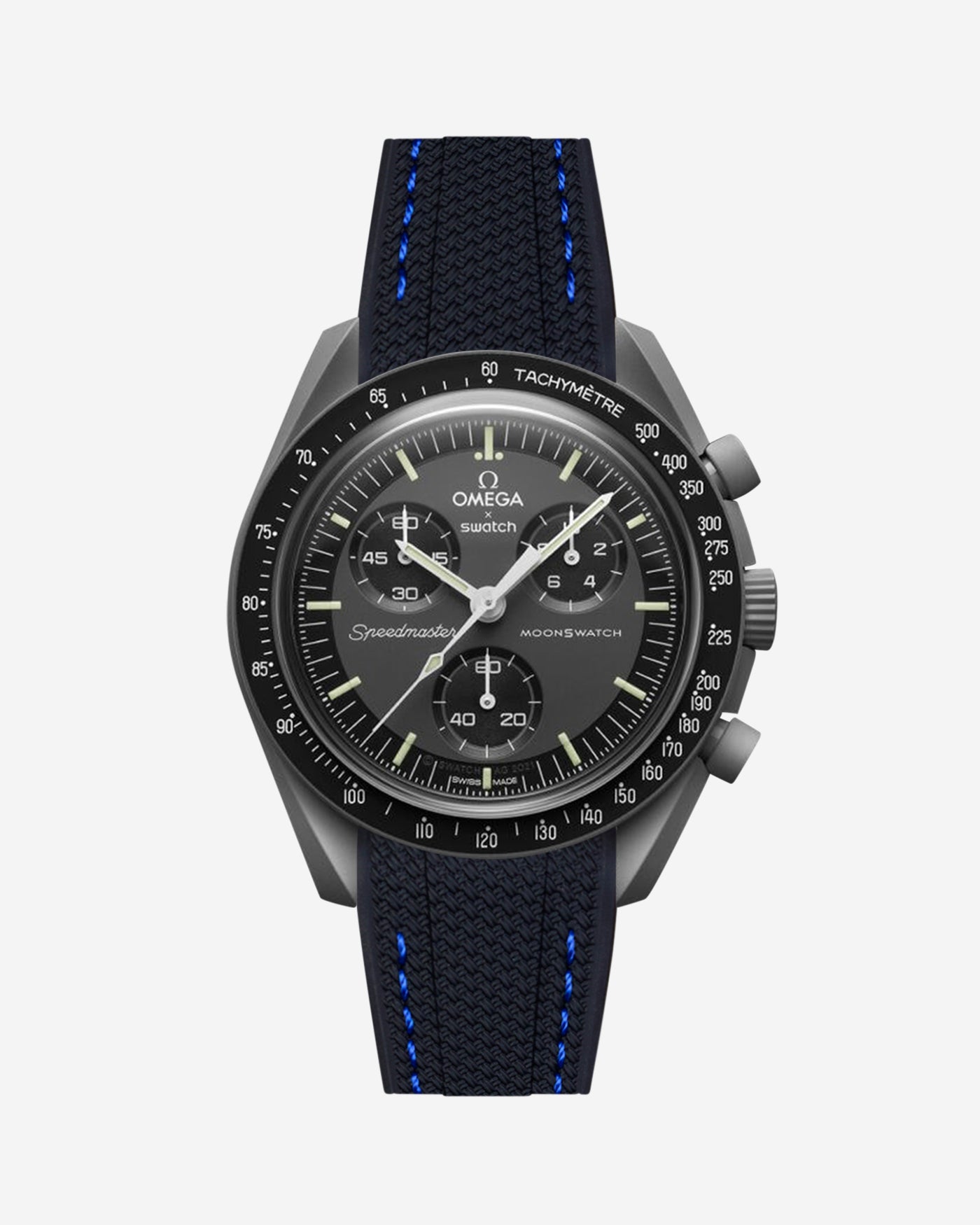 Black Omega  X Swatch Mercury  watch with detailed face on a white background