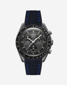 Black Omega  X Swatch Mercury  watch with detailed face on a white background